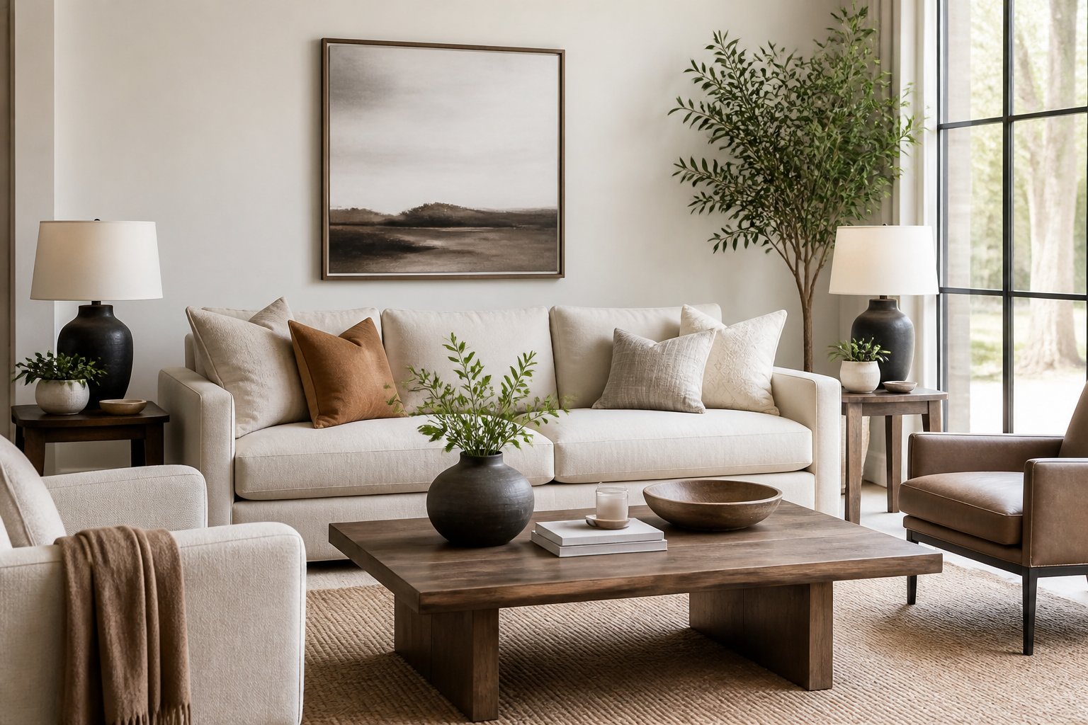 Bright living room with sofa, coffee table, side tables, wall art, and plants.