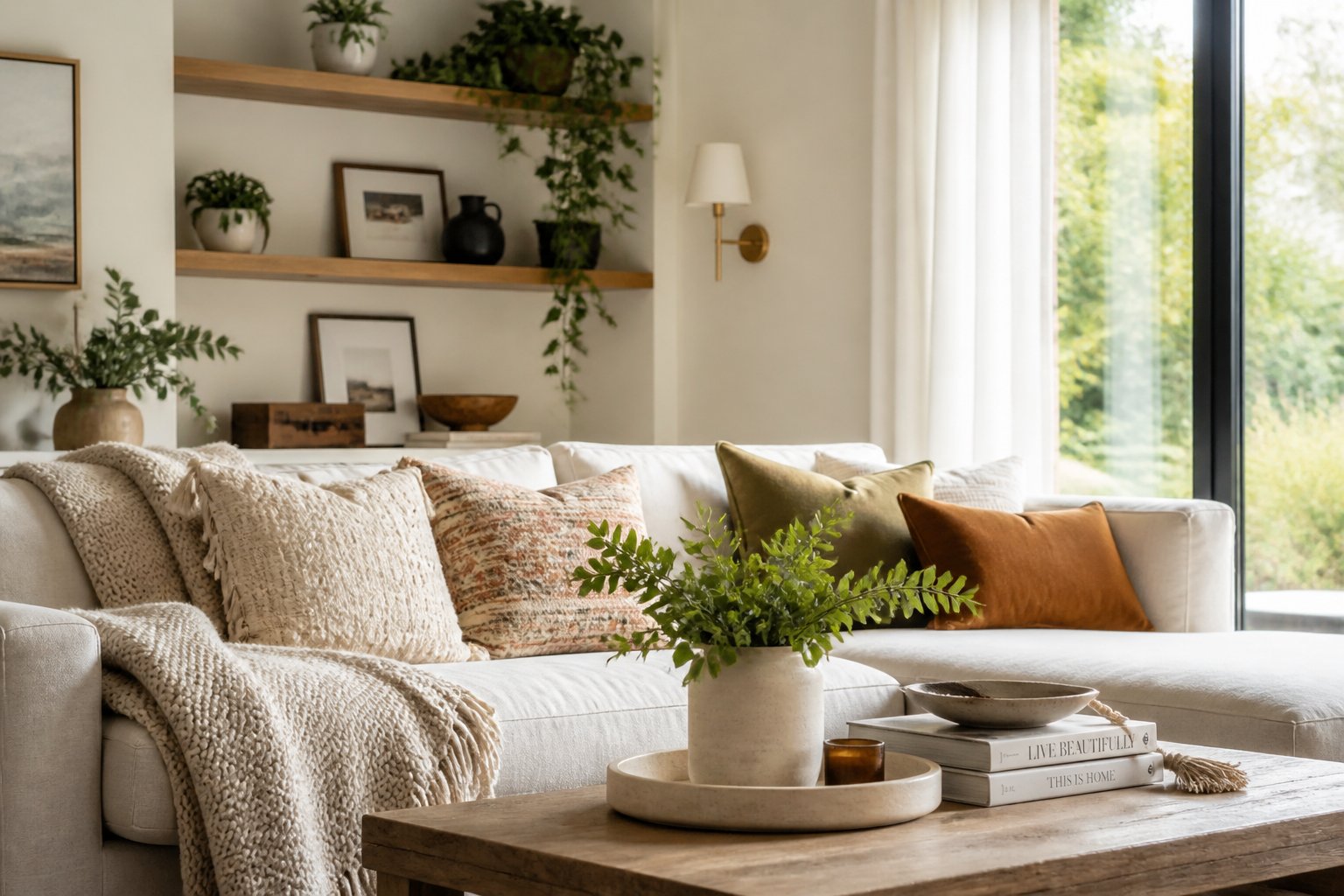 A bright living room with a neutral sofa, wooden coffee table, plants, and shelves with decorative items.