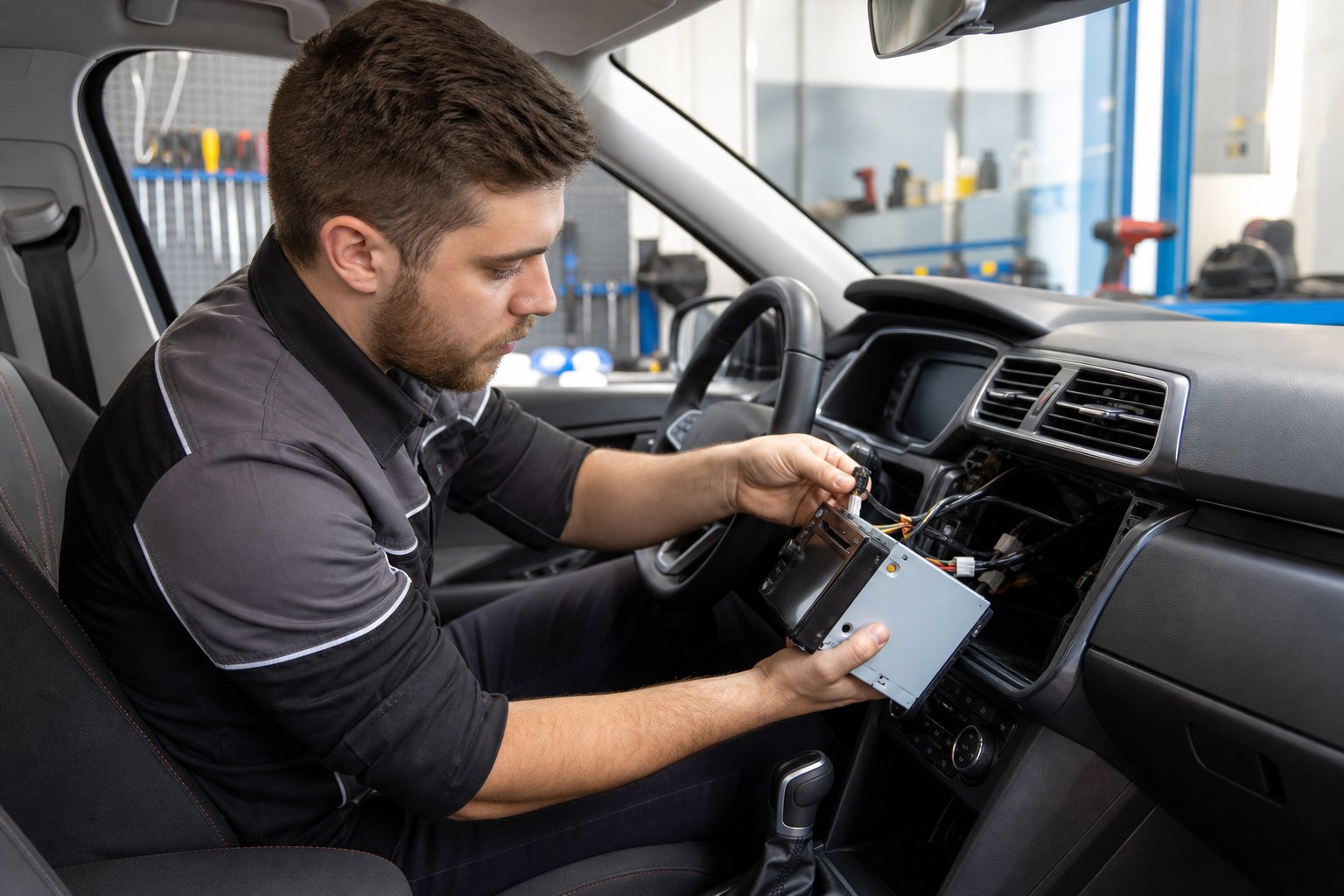 A technician installing a car radio inside a vehicle in a workshop.