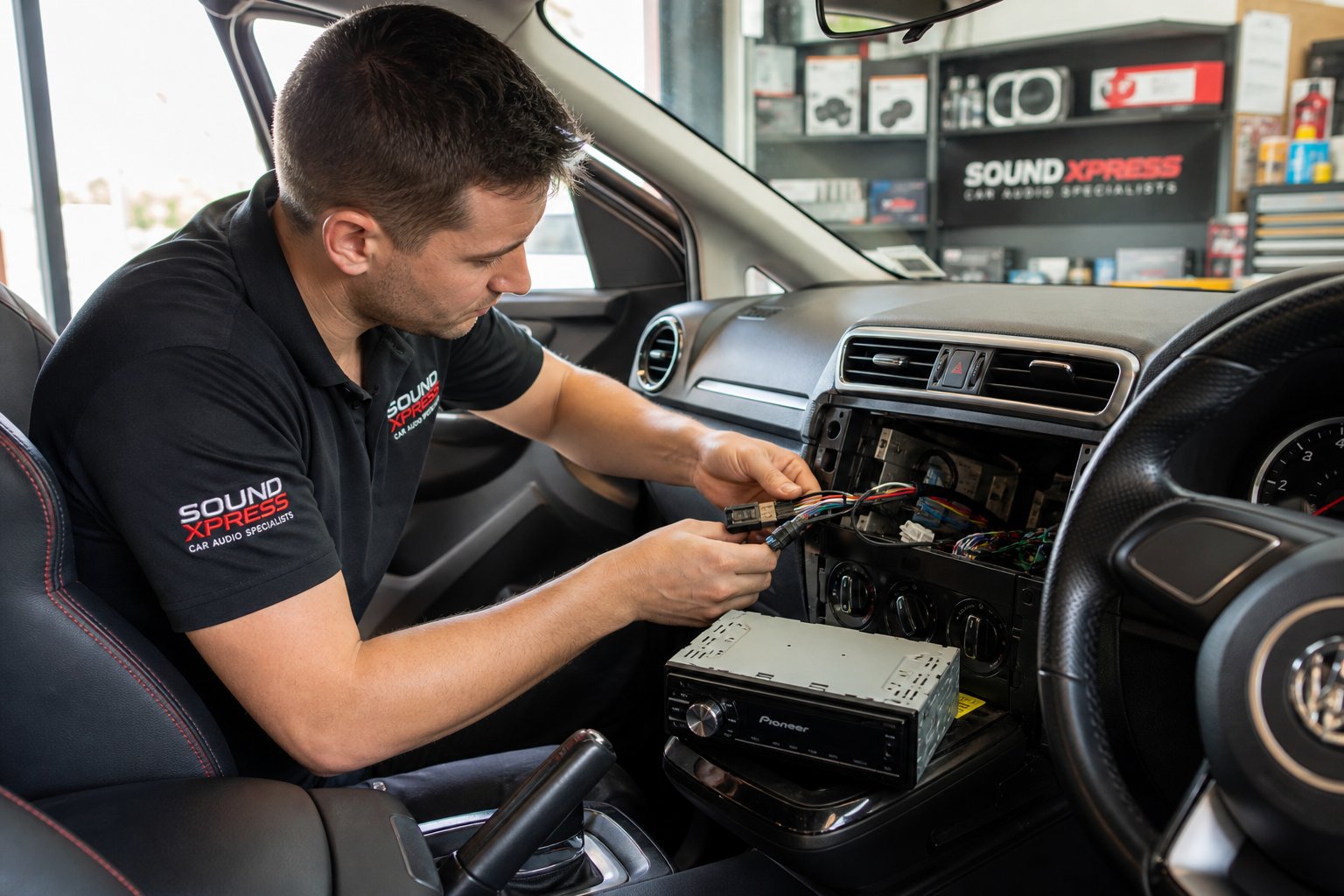 A technician installing a car radio inside the dashboard of a vehicle in a workshop.