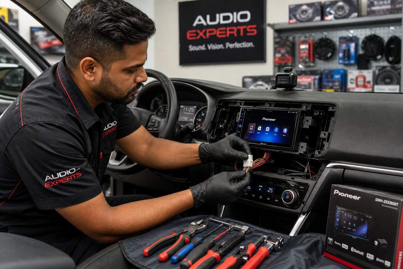 A technician installing a car radio inside a vehicle, working with wires under the dashboard in a workshop.