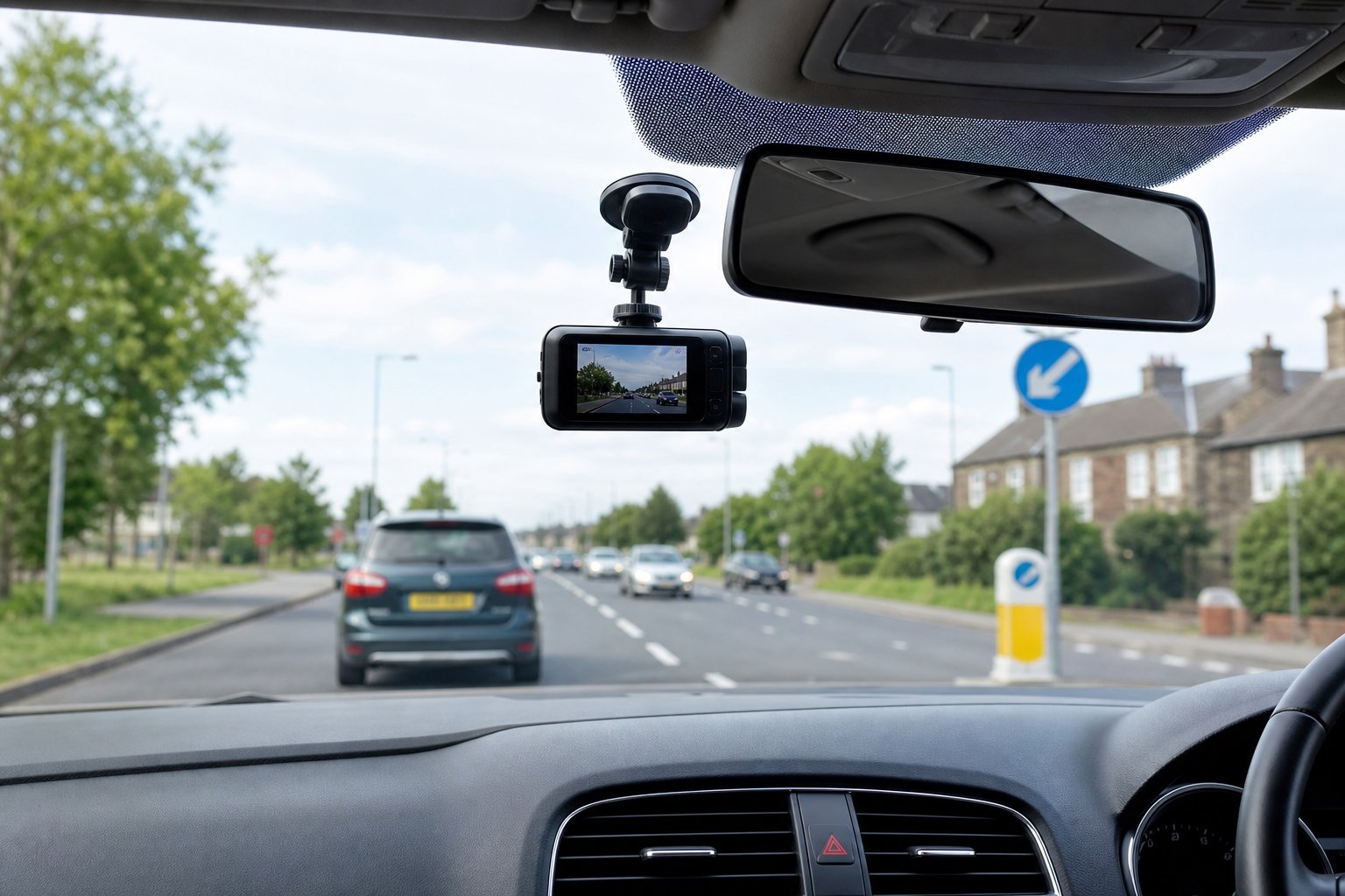 View of a car dashboard with a dashcam mounted behind the rearview mirror, showing a UK road through the windshield.