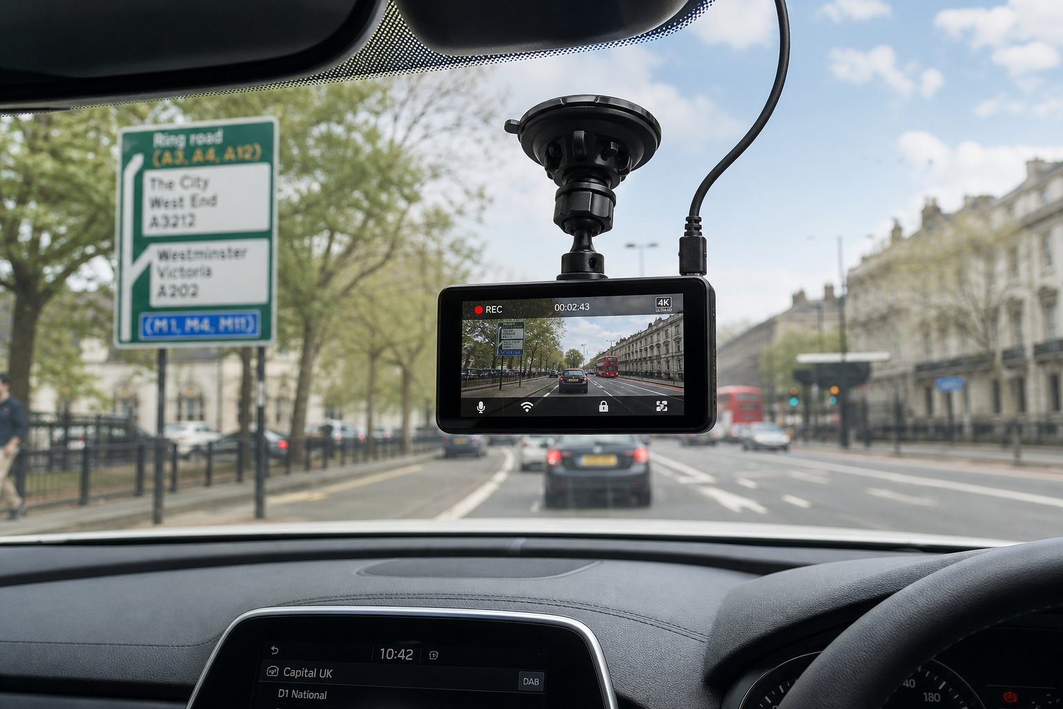 View of a car dashboard with a dashcam mounted on the windshield showing a clear road ahead in the UK.