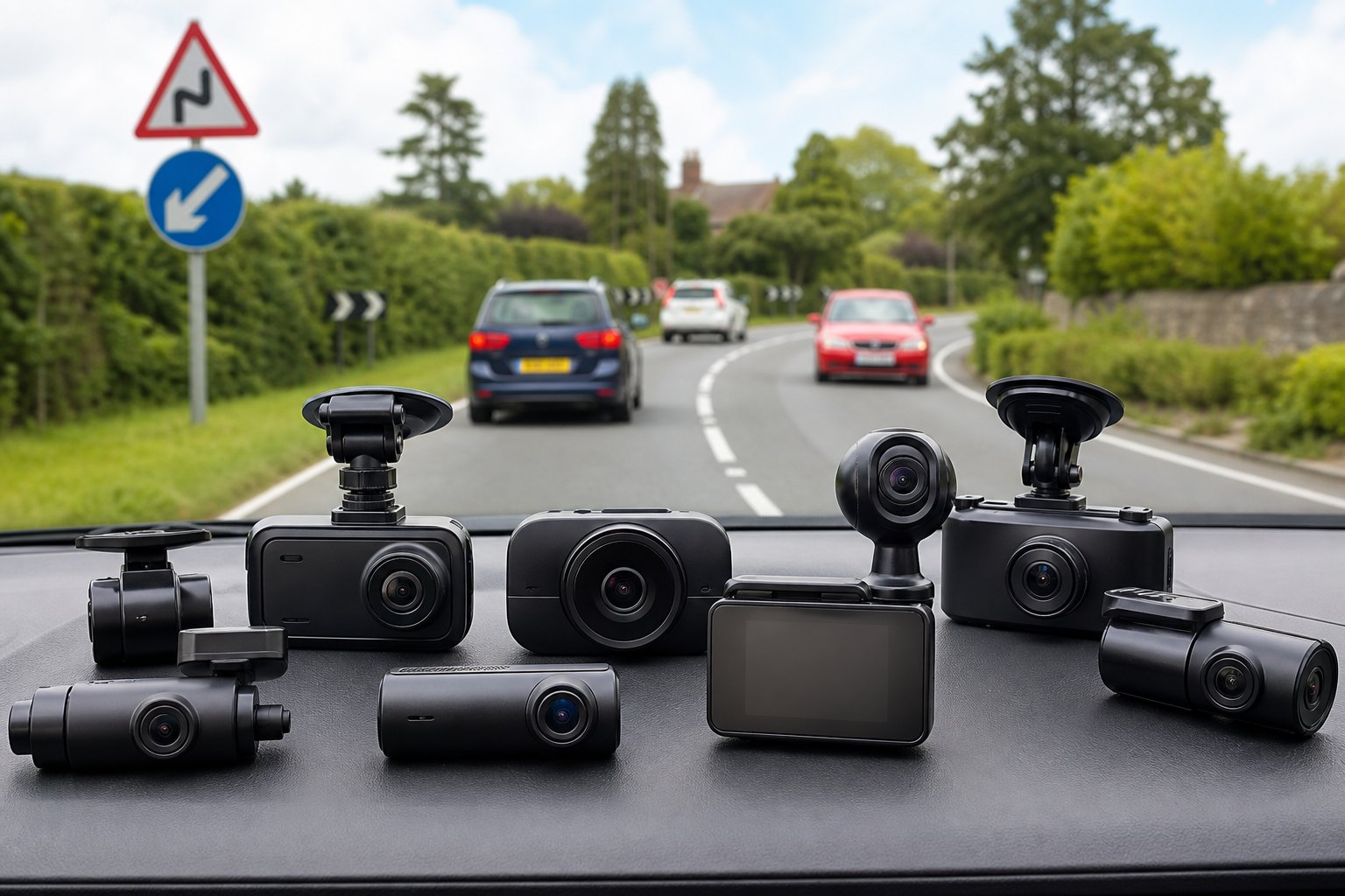 Several different dash cams displayed inside a car with a view of a UK road through the windshield.