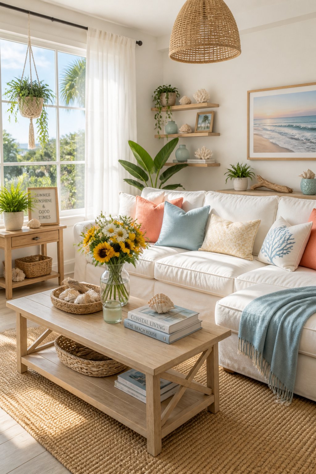 A sunlit living room with a white sofa, pastel cushions, green plants, and fresh summer flowers on a coffee table.
