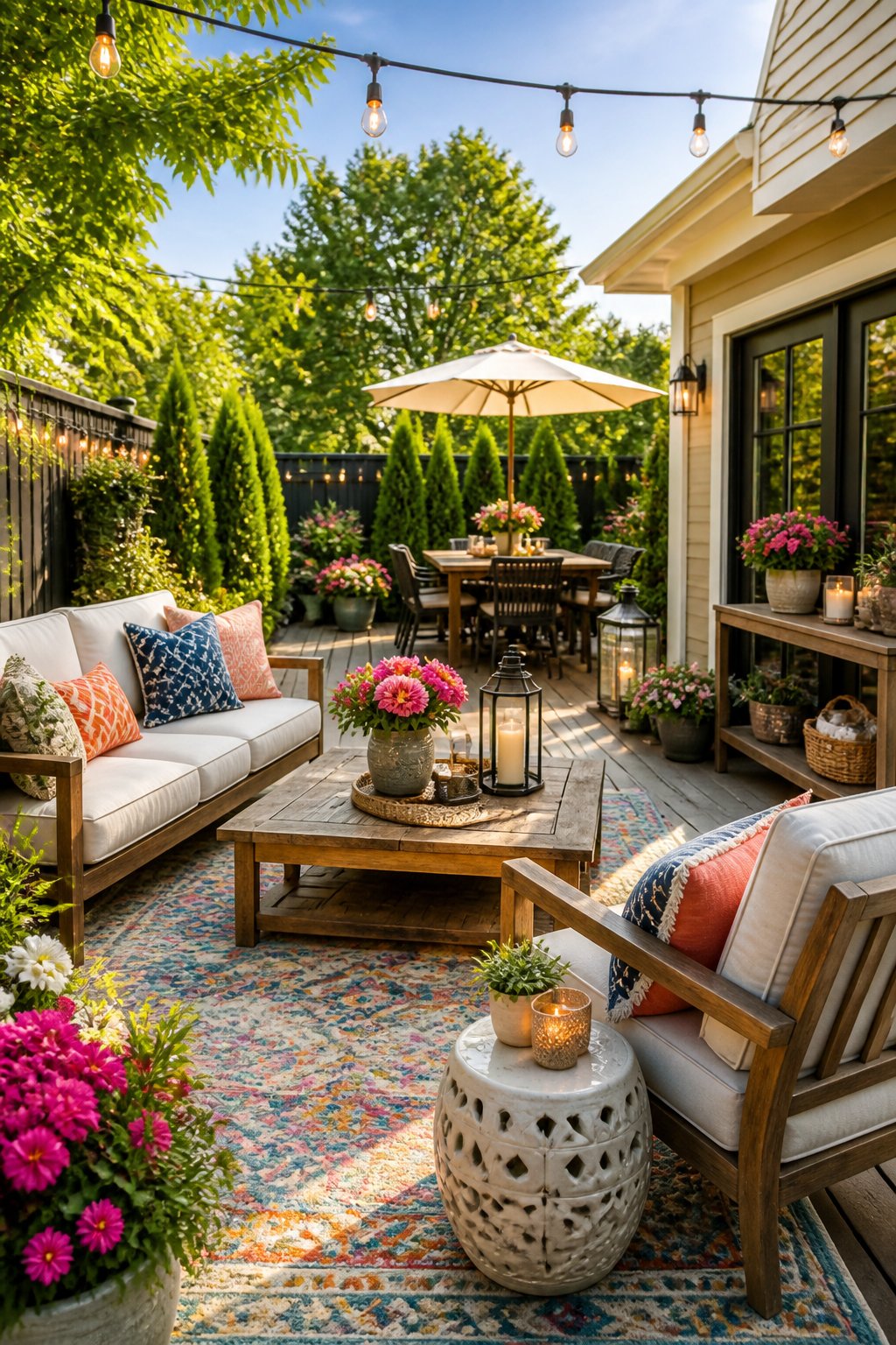 Outdoor patio with comfortable seating, plants, string lights, and decorative accents under a clear sky.