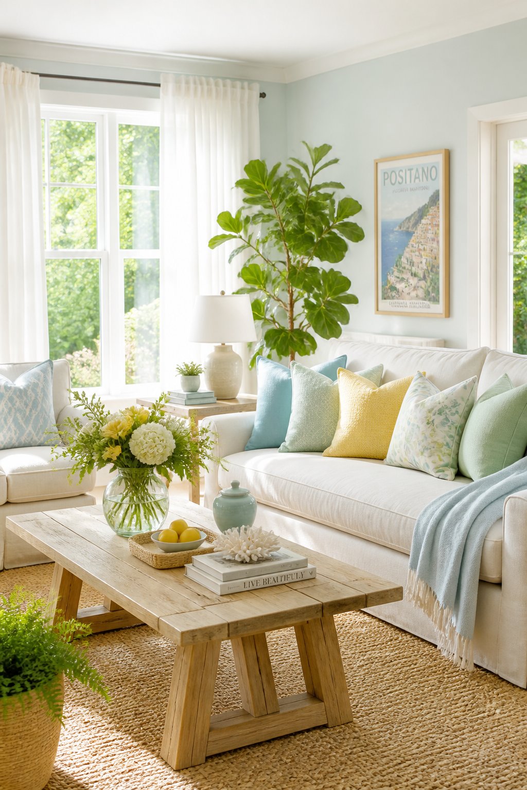 A sunlit living room with light-colored walls, pastel cushions, green plants, and a wooden coffee table with flowers.