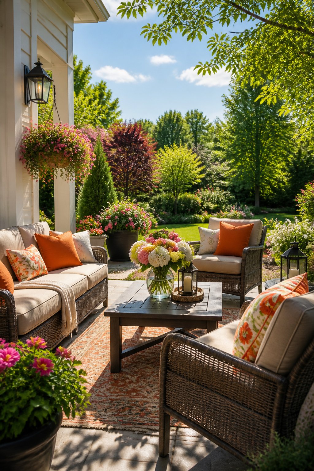 An outdoor patio with comfortable seating, plants, flowers, and soft sunlight creating a welcoming atmosphere.