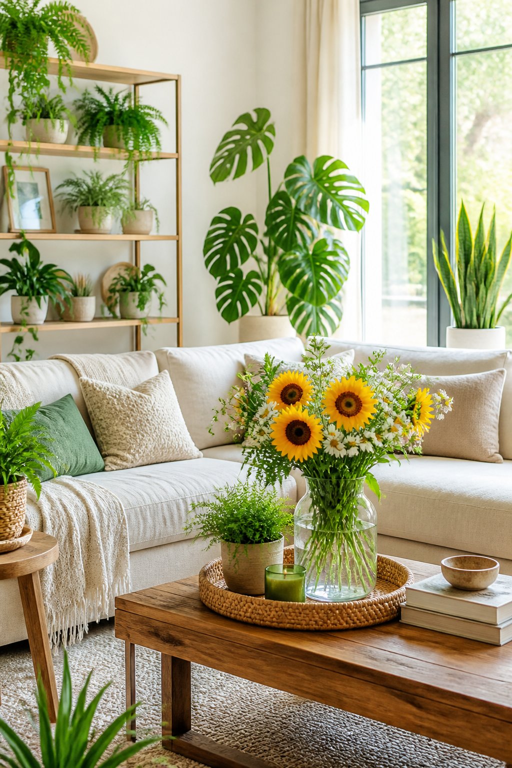 A bright living room filled with green houseplants and fresh flowers on a wooden table, illuminated by sunlight from large windows.