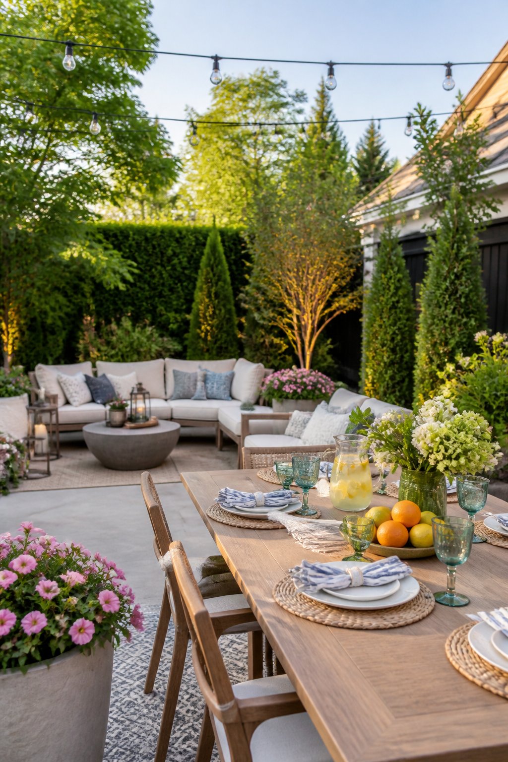 A spacious outdoor patio with comfortable seating, a dining table set with summer decor, surrounded by green plants and soft lighting under a clear sky.