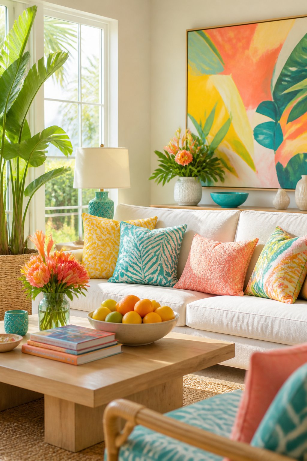 A bright living room with colorful patterned pillows, tropical plants, fresh flowers, and sunlight streaming through large windows.