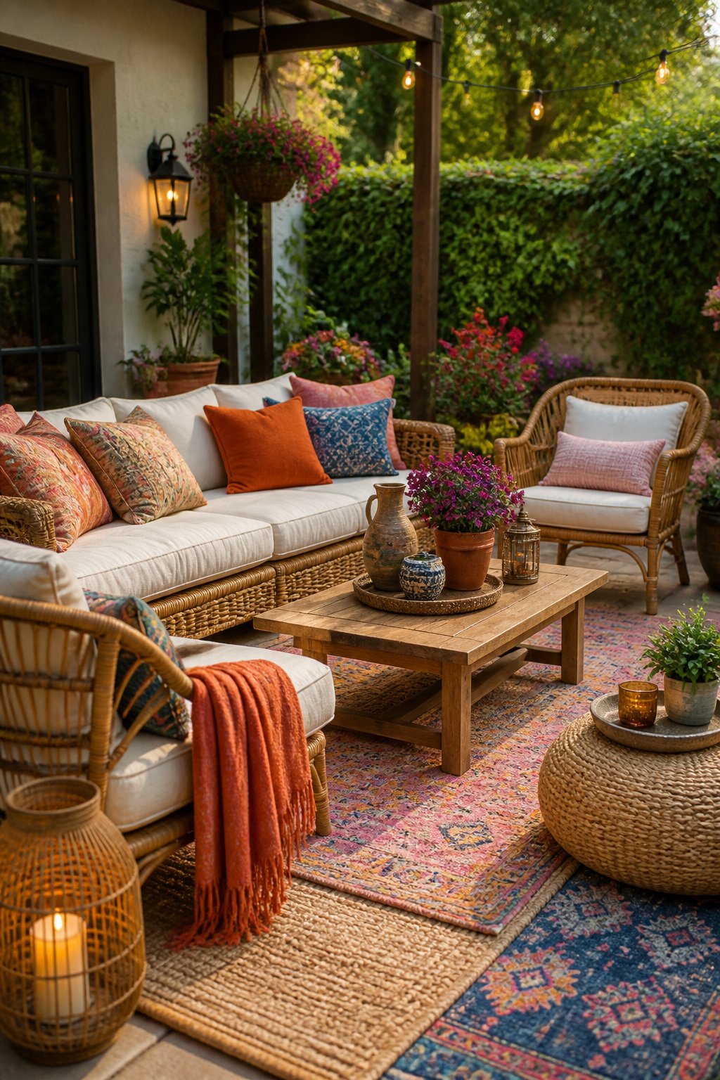 Outdoor patio with rugs, pillows, and cushions arranged on seating under natural sunlight surrounded by greenery.