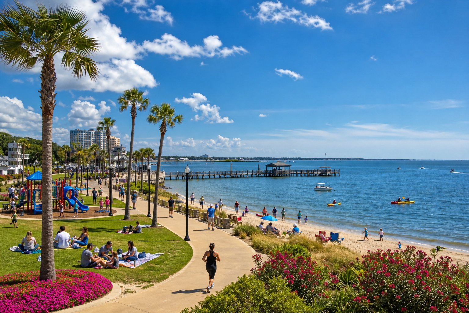 Visitors enjoying a sunny day at a waterfront park with grassy areas, playground, walking paths, boats on the water, and a wooden pier.