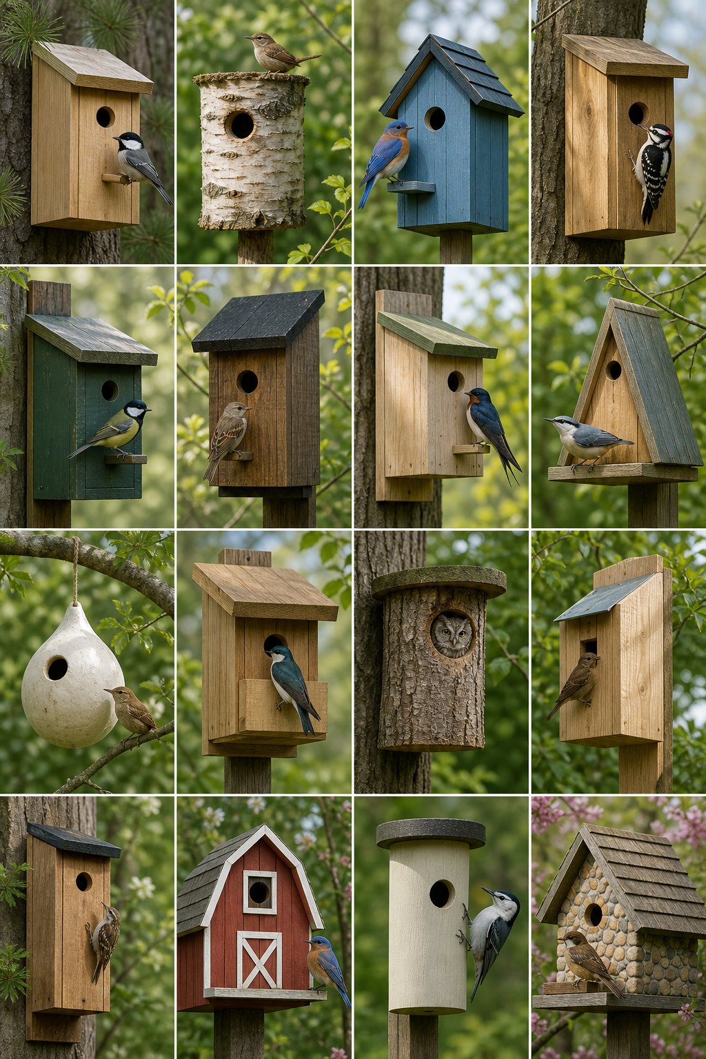 14 Best Birdhouses by Bird Species (According to Actual Nesting Data, Not Marketing) 1 Fourteen different birdhouses arranged outdoors, each paired with a specific bird species nearby in a natural setting.