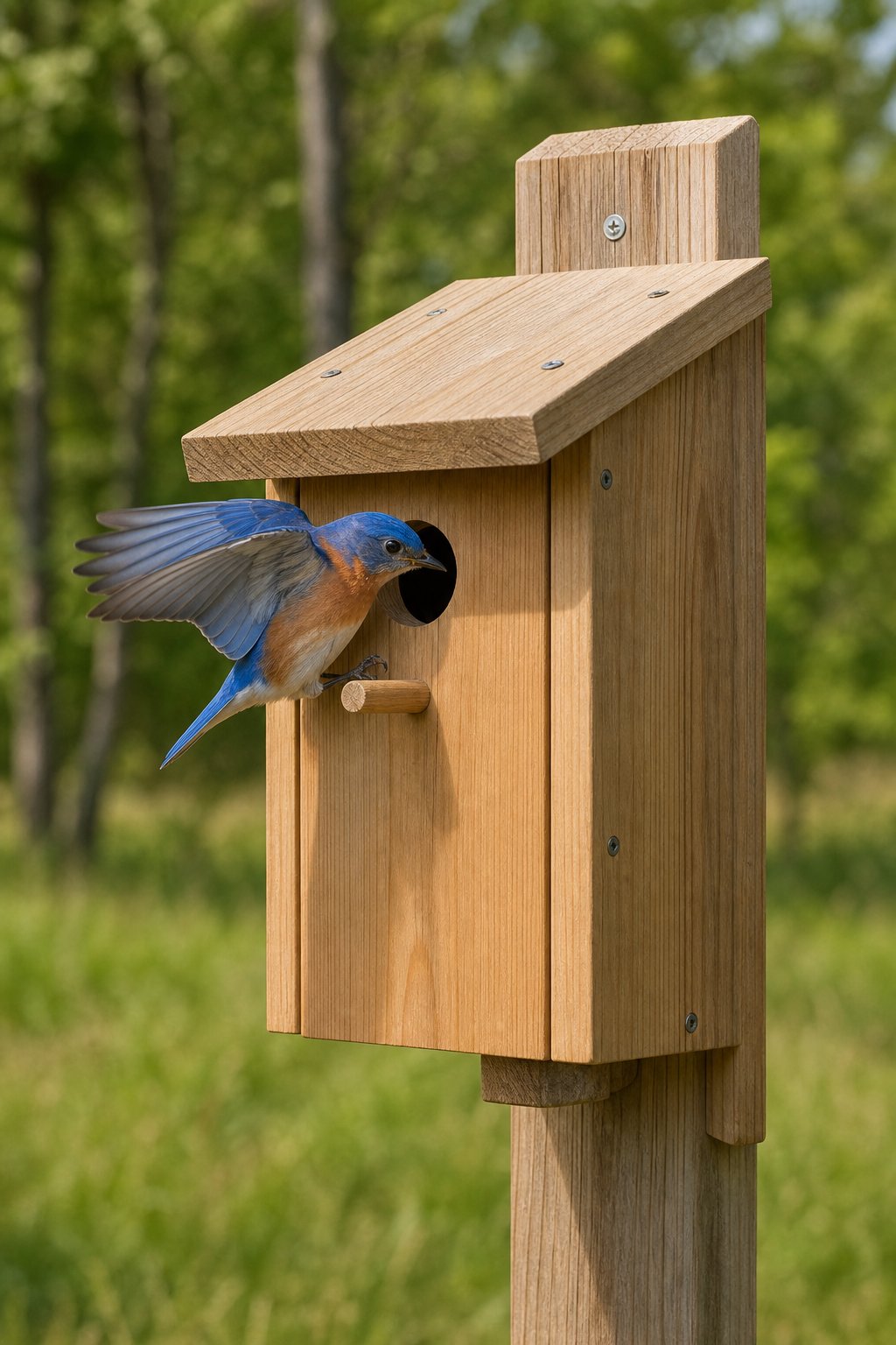 14 Best Birdhouses by Bird Species (According to Actual Nesting Data, Not Marketing) 2 A wooden bluebird house on a post with an Eastern Bluebird perched near its entrance in a natural outdoor setting.