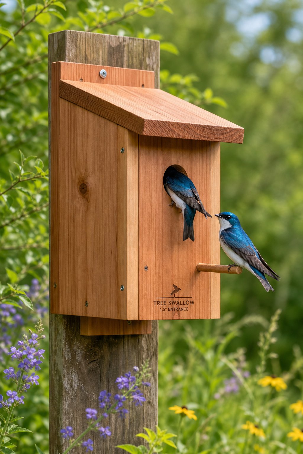 14 Best Birdhouses by Bird Species (According to Actual Nesting Data, Not Marketing) 4 A cedar birdhouse with a small entrance hole mounted on a wooden post surrounded by green leaves, with two Tree Swallows nearby.