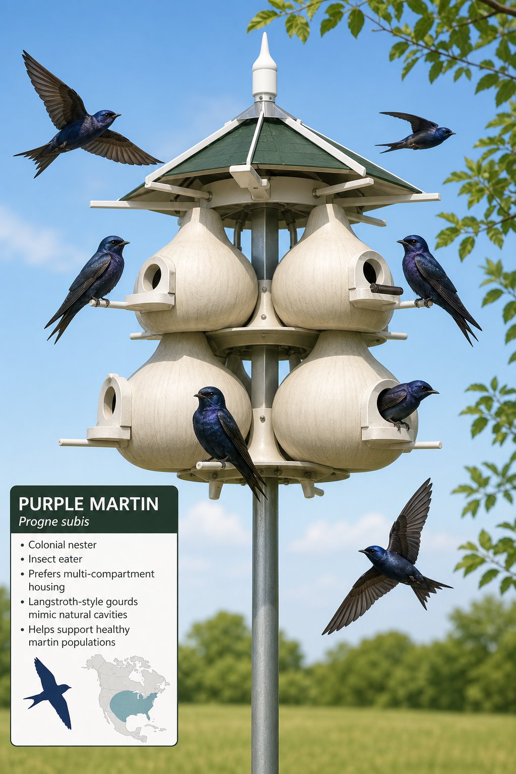 14 Best Birdhouses by Bird Species (According to Actual Nesting Data, Not Marketing) 5 A multi-compartment gourd birdhouse on a pole outdoors with several Purple Martin birds perched and flying around it.
