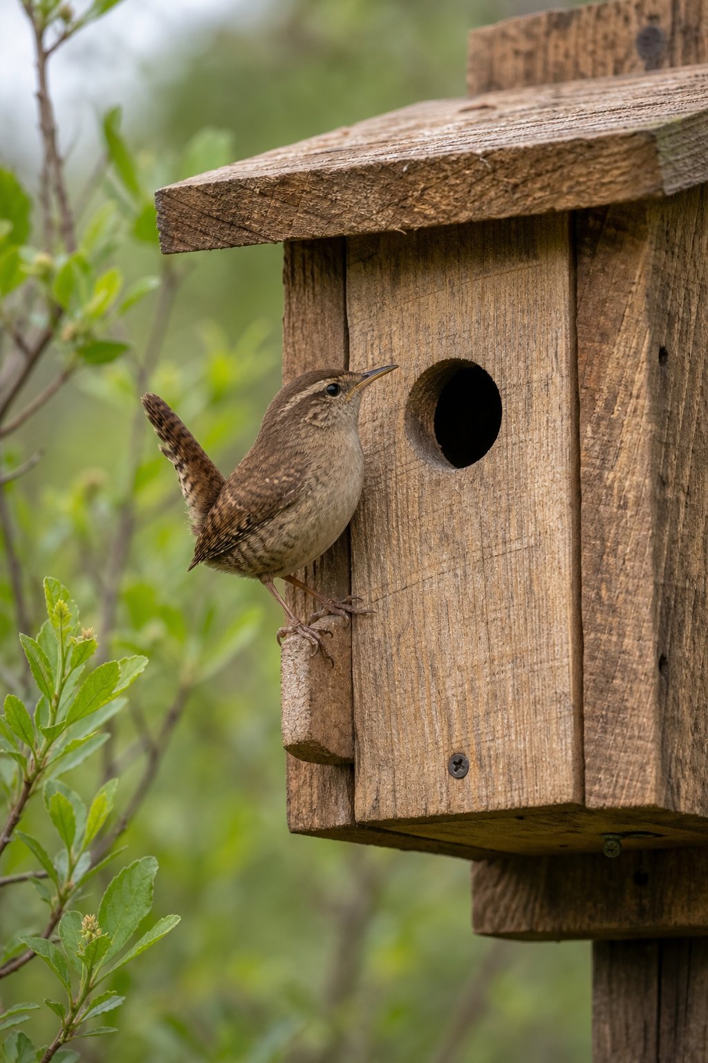 14 Best Birdhouses by Bird Species (According to Actual Nesting Data, Not Marketing) 7 A small House Wren perched on a rough wooden birdhouse with a small circular entrance hole, surrounded by natural greenery.