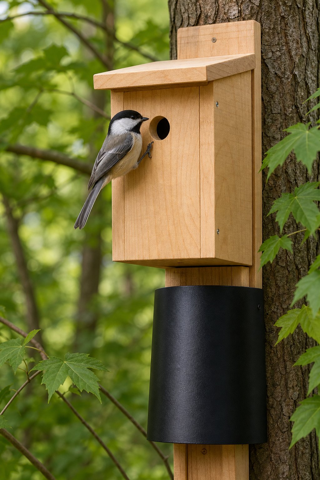 14 Best Birdhouses by Bird Species (According to Actual Nesting Data, Not Marketing) 8 A Black-capped Chickadee perched near a small maple wood nest box with a predator baffle, set in a leafy outdoor environment.
