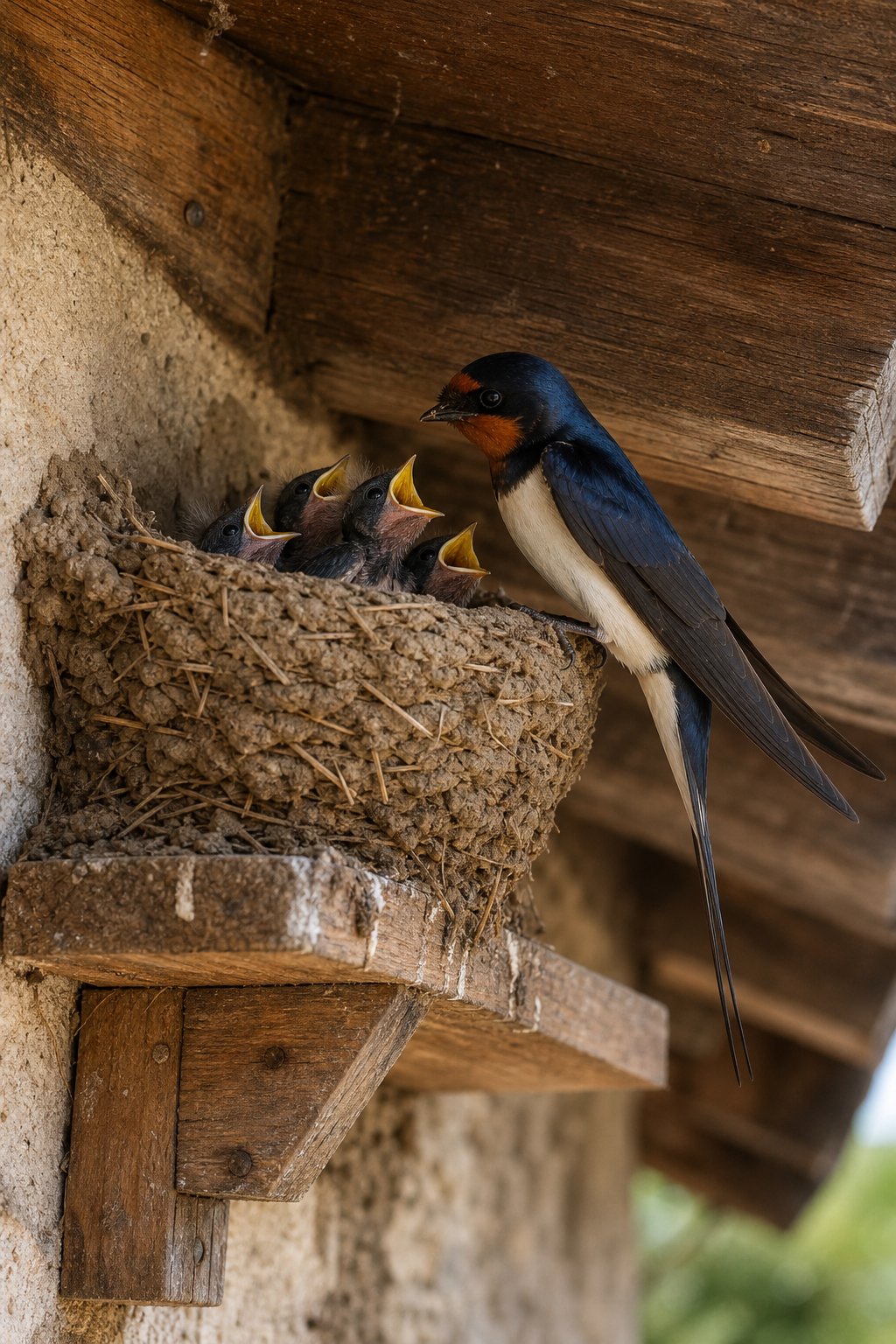 14 Best Birdhouses by Bird Species (According to Actual Nesting Data, Not Marketing) 9 A barn swallow perched near its open-cup mudnest attached to a wooden shelf under the eaves of a building.
