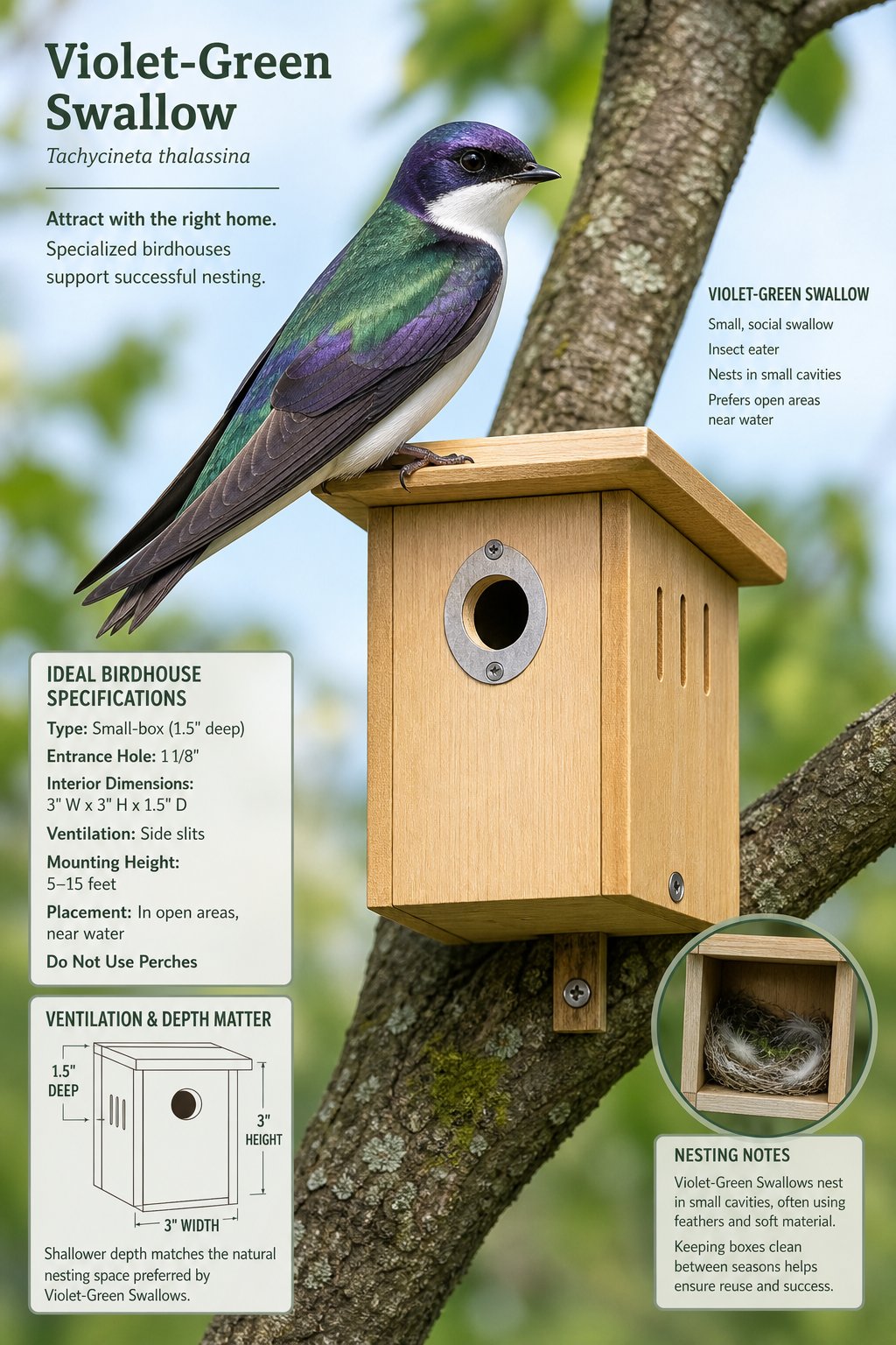 14 Best Birdhouses by Bird Species (According to Actual Nesting Data, Not Marketing) 10 A violet-green swallow perched near a small wooden birdhouse with side ventilation on a tree branch surrounded by green leaves.