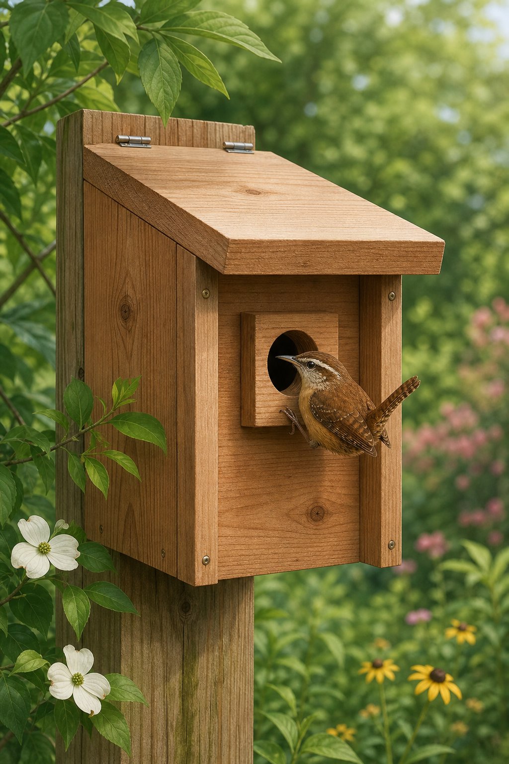 14 Best Birdhouses by Bird Species (According to Actual Nesting Data, Not Marketing) 11 A Carolina Wren perched on a small birdhouse with a recessed entry hole and a hinged cleanout panel, surrounded by green leaves.