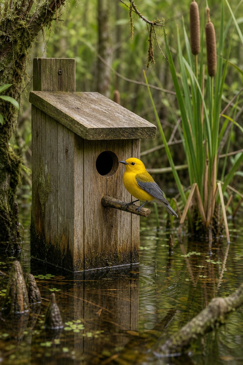 14 Best Birdhouses by Bird Species (According to Actual Nesting Data, Not Marketing) 12 A Prothonotary Warbler near a wooden birdhouse surrounded by swamp vegetation and shallow water.