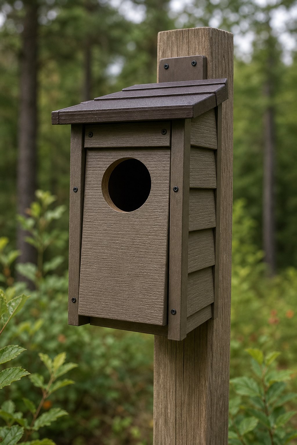 14 Best Birdhouses by Bird Species (According to Actual Nesting Data, Not Marketing) 13 A large wooden birdhouse with a big entrance hole mounted on a post in a natural outdoor setting.