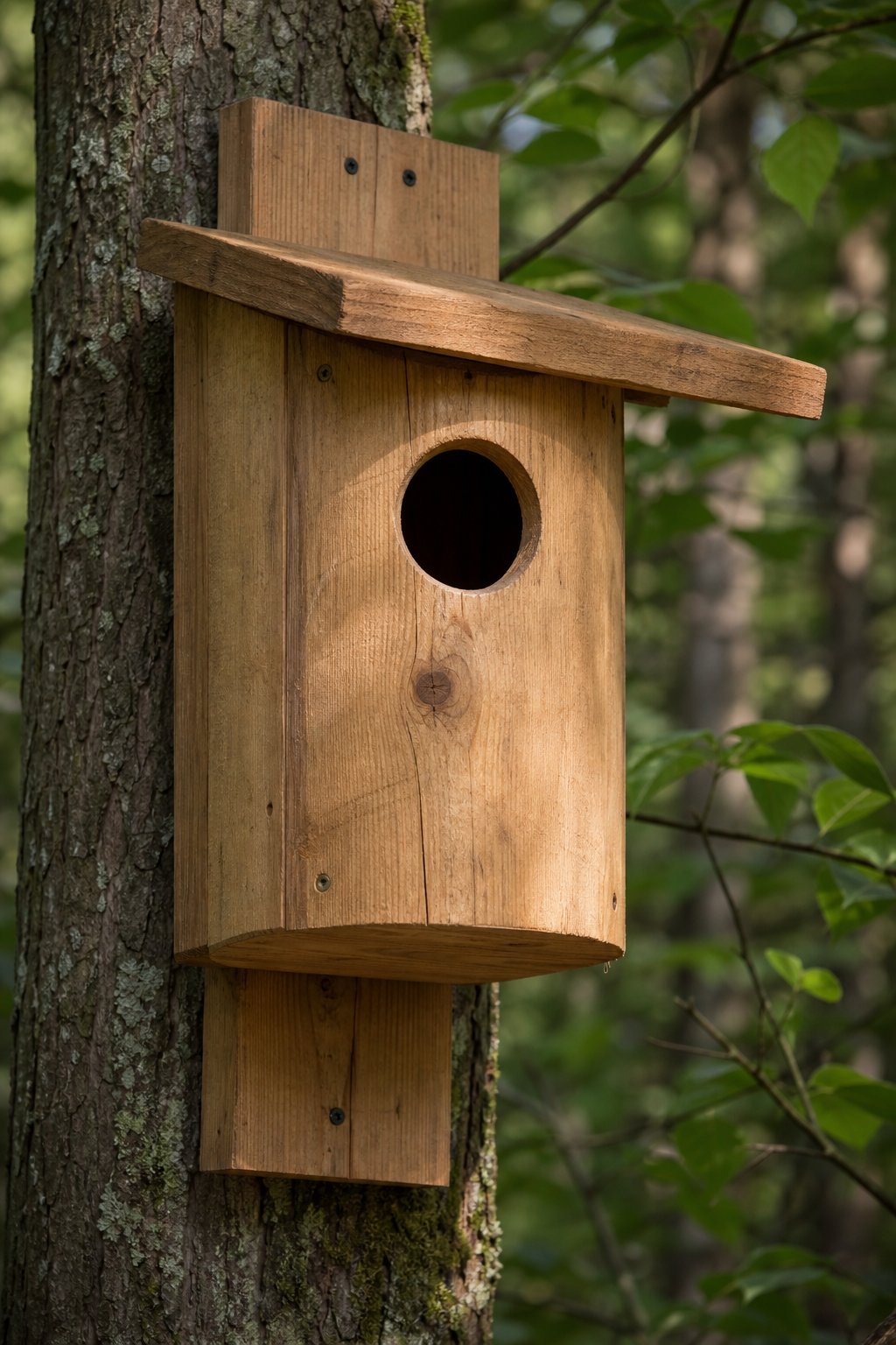 14 Best Birdhouses by Bird Species (According to Actual Nesting Data, Not Marketing) 14 A round wooden birdhouse with a circular entrance hole and roof overhang mounted on a tree in a forest setting.