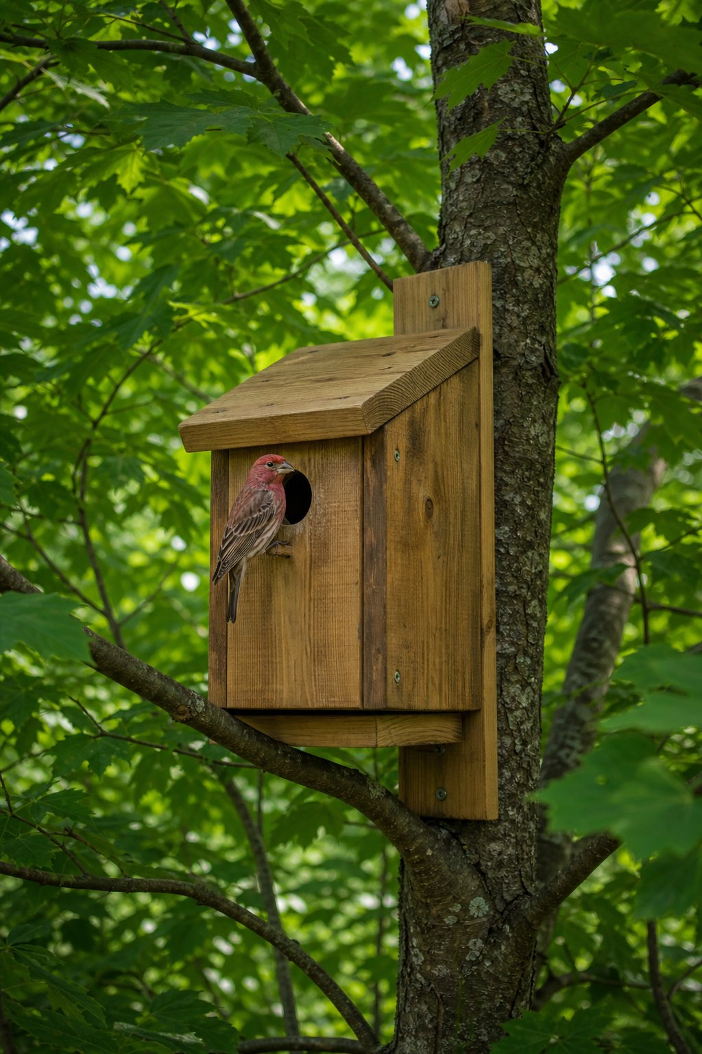 14 Best Birdhouses by Bird Species (According to Actual Nesting Data, Not Marketing) 15 A thick-walled pine birdhouse with a small entrance hole is mounted mid-canopy among green tree branches and leaves.