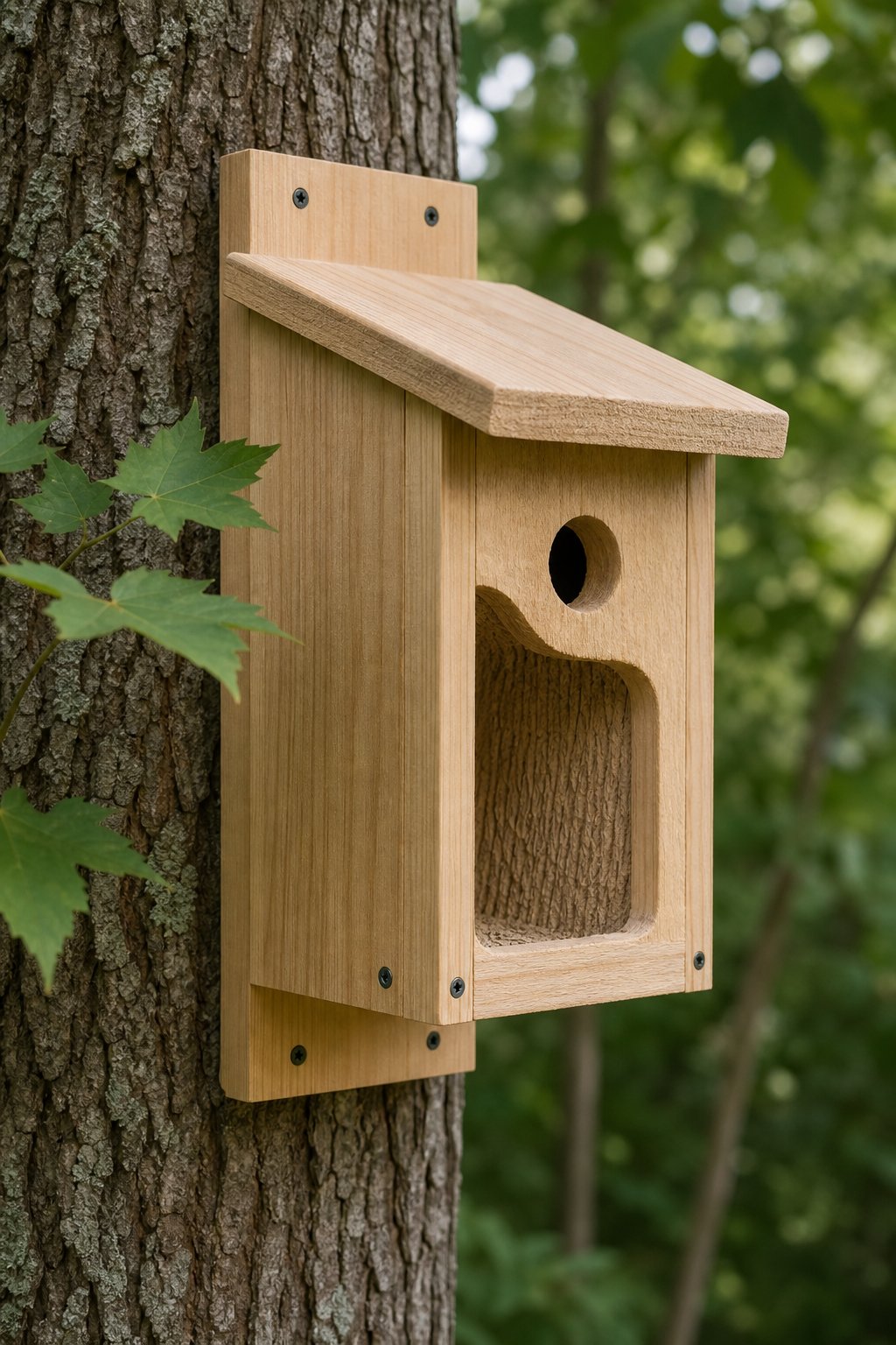 14 Best Birdhouses by Bird Species (According to Actual Nesting Data, Not Marketing) 16 A birdhouse with a small entry hole and rough interior surface mounted on a tree trunk surrounded by leaves.