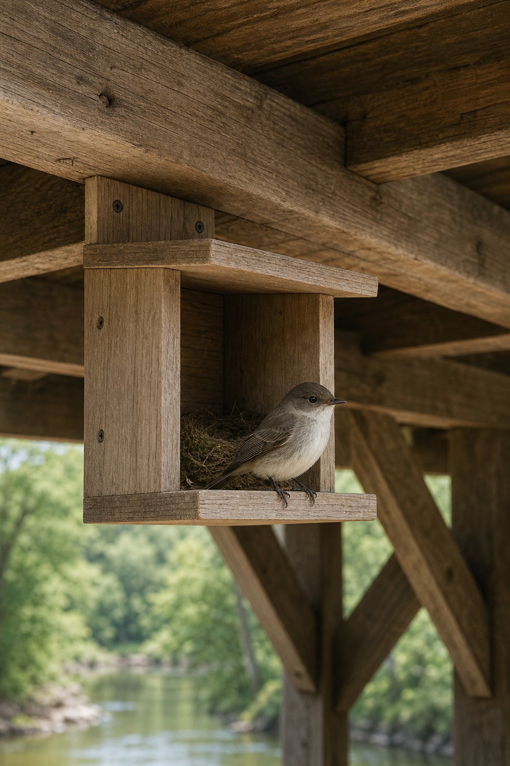 14 Best Birdhouses by Bird Species (According to Actual Nesting Data, Not Marketing) 17 An Eastern Phoebe bird perched on an open-front shelf birdhouse mounted under wooden porch or bridge rafters.