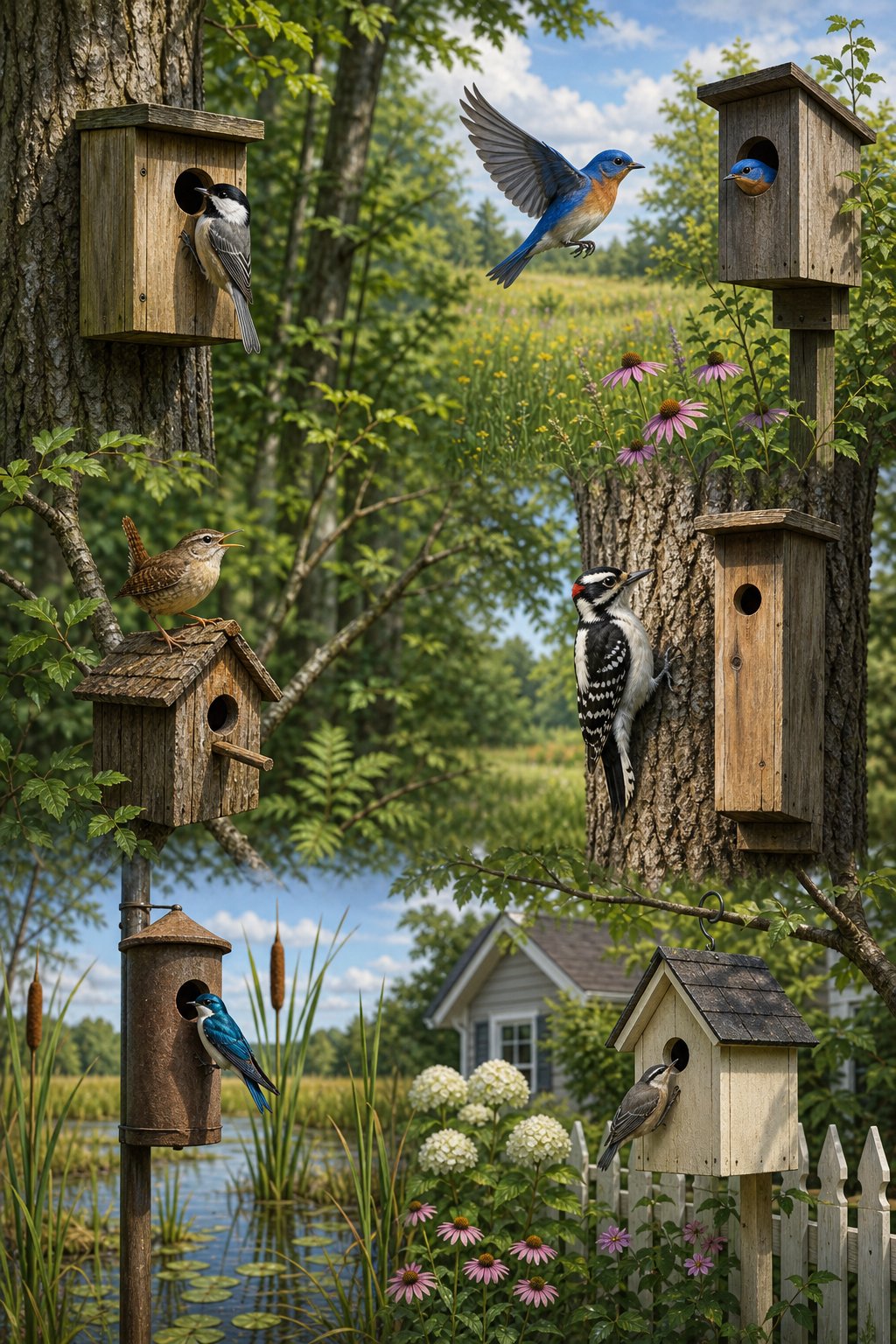 14 Best Birdhouses by Bird Species (According to Actual Nesting Data, Not Marketing) 18 Various bird species interacting with different birdhouses in their natural habitats including forests, meadows, wetlands, and gardens.