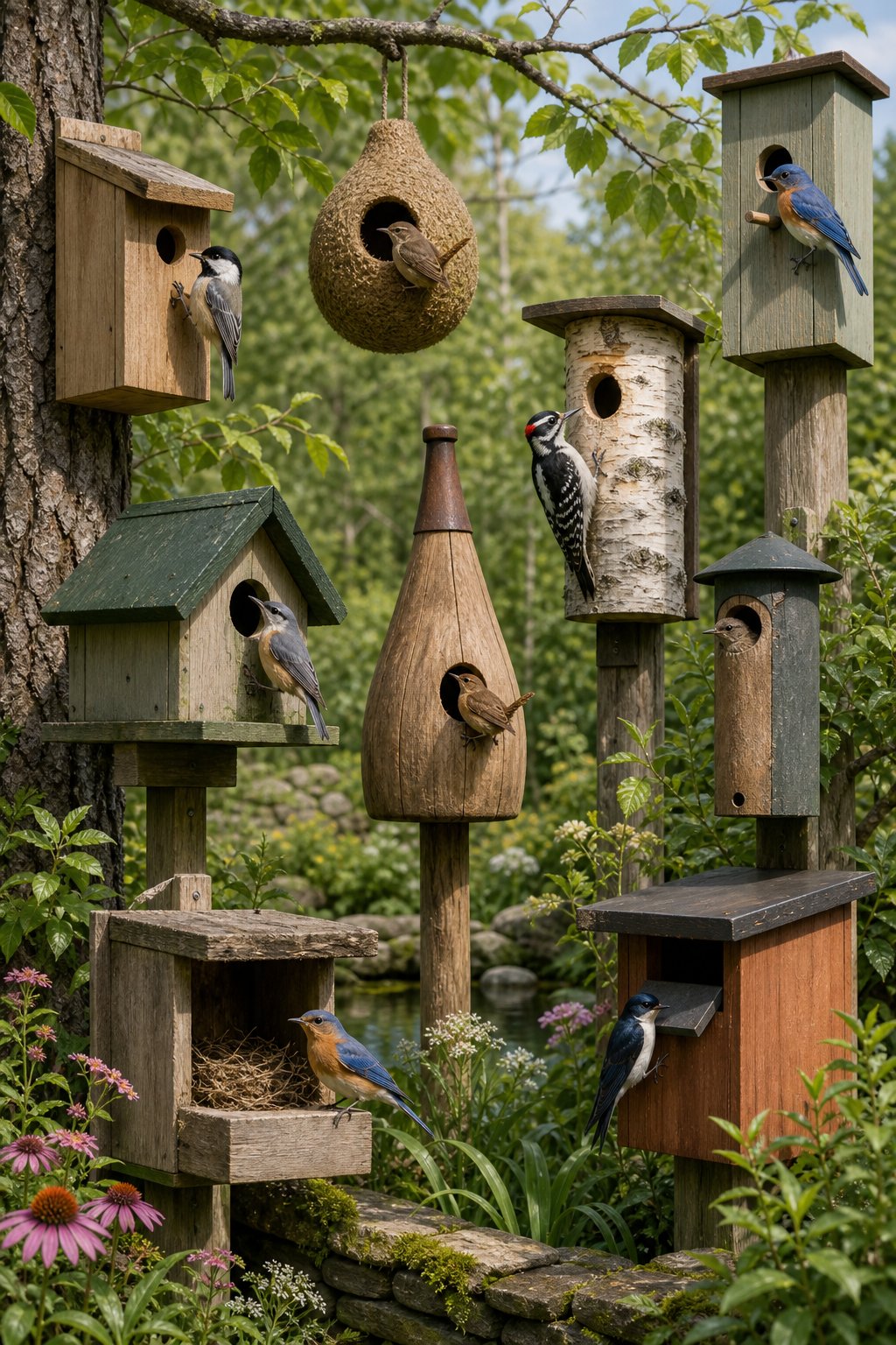 14 Best Birdhouses by Bird Species (According to Actual Nesting Data, Not Marketing) 19 Various birdhouses designed for different bird species set outdoors with birds near or entering them among trees and foliage.