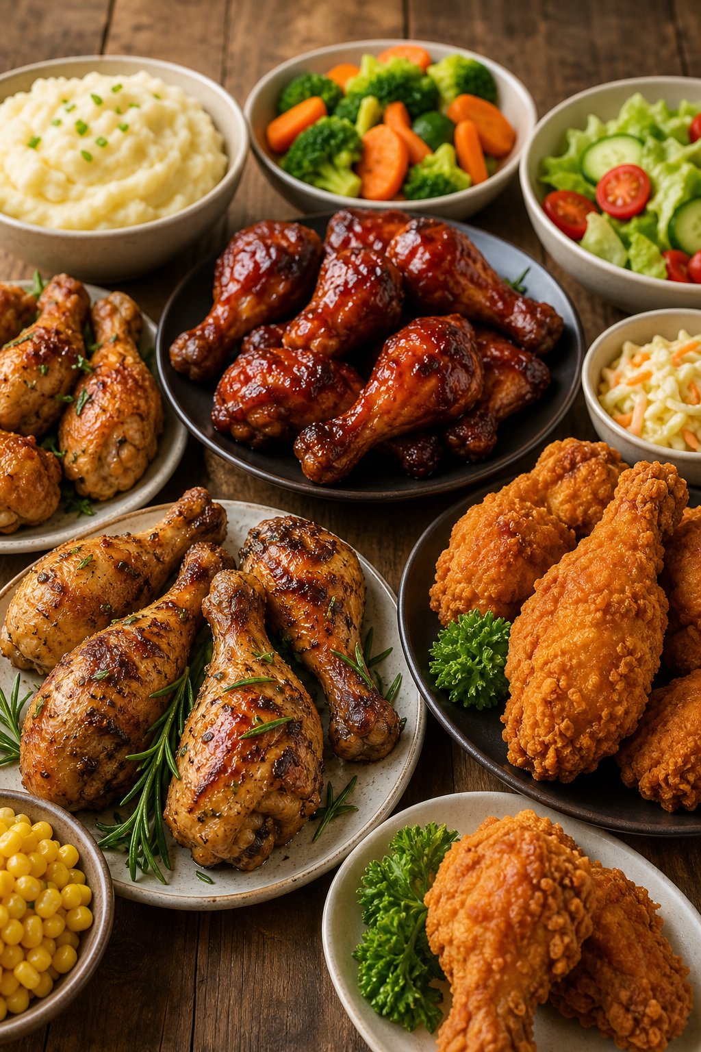 Several cooked chicken leg preparations arranged on a rustic wooden table with rice, steamed broccoli, and fresh herb garnishes.