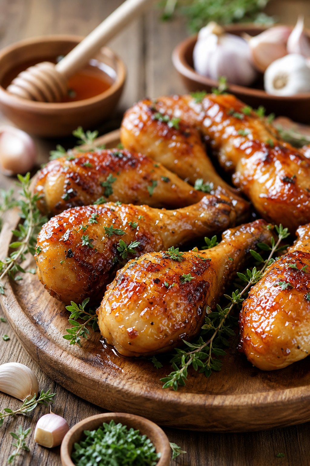 Oven-baked chicken legs on a wooden platter with a deep amber honey-garlic glaze, scattered fresh parsley, and small bowls of honey and minced garlic nearby.