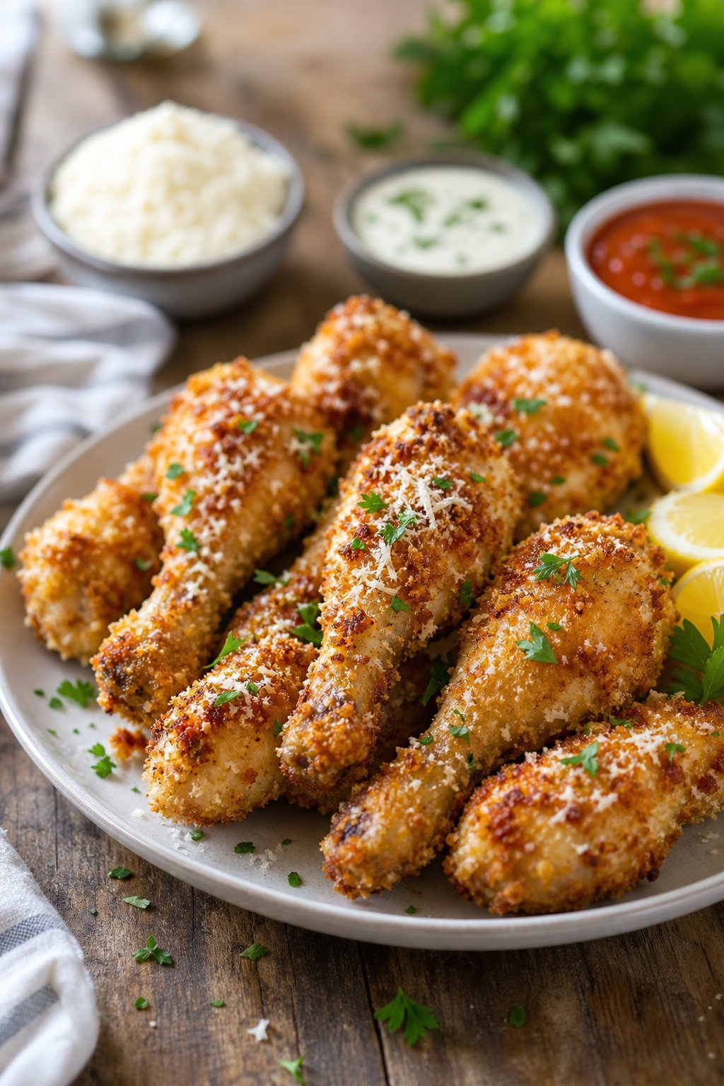 Golden brown panko-crusted chicken drumsticks on a white plate with small ramekins of ketchup and ranch dipping sauce and lemon wedges on a wooden table.