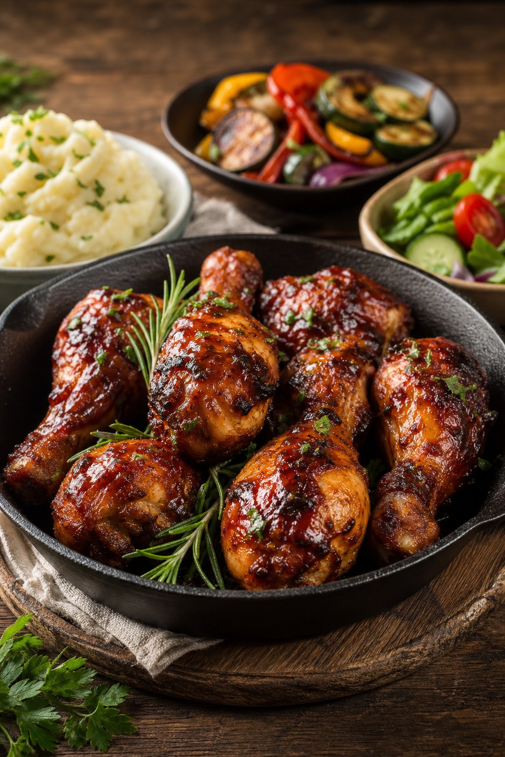 BBQ ranch chicken legs in a cast iron skillet with caramelized skin and fresh herb garnish, surrounded by roasted potato wedges on a wooden table.