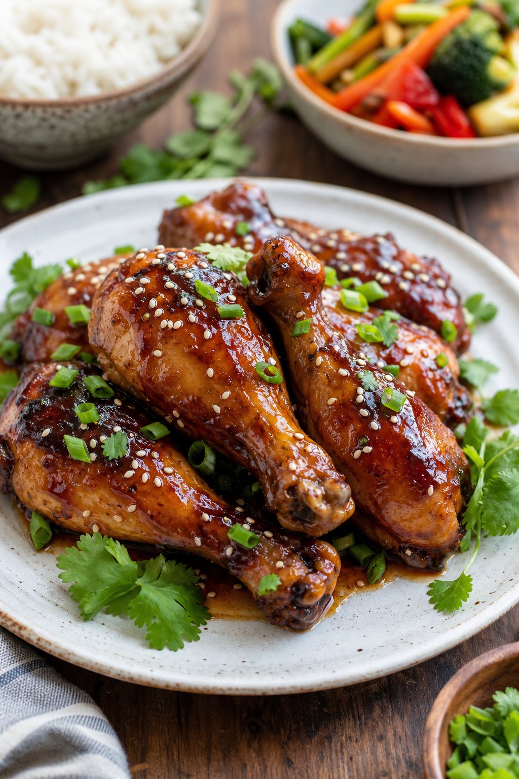 Close-up of glossy teriyaki-glazed chicken drumsticks on a white plate with sliced green onions and sesame seeds scattered on top.