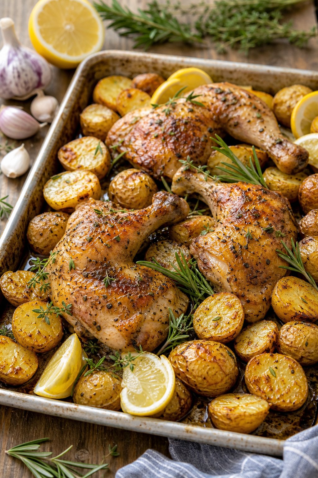 A sheet pan lined with parchment holding roasted chicken legs with crispy golden skin alongside caramelized baby potatoes, scattered with fresh rosemary sprigs and lemon slices.