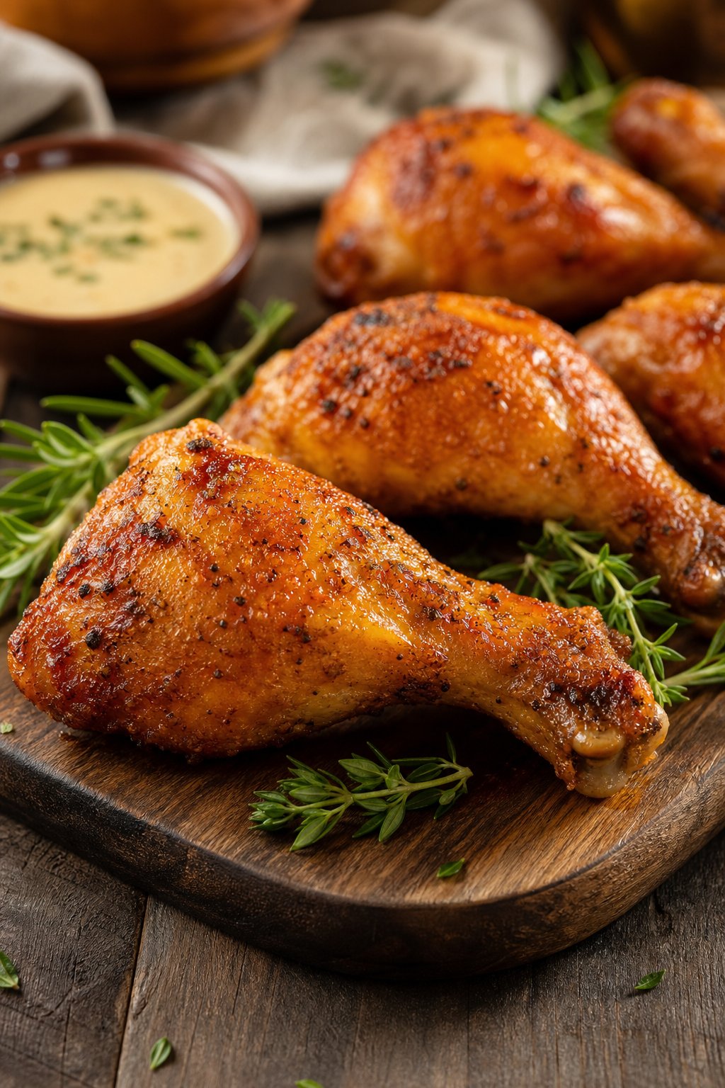 Deep golden chicken legs on a weathered wooden cutting board with a side of herb-flecked dipping sauce and scattered fresh thyme.