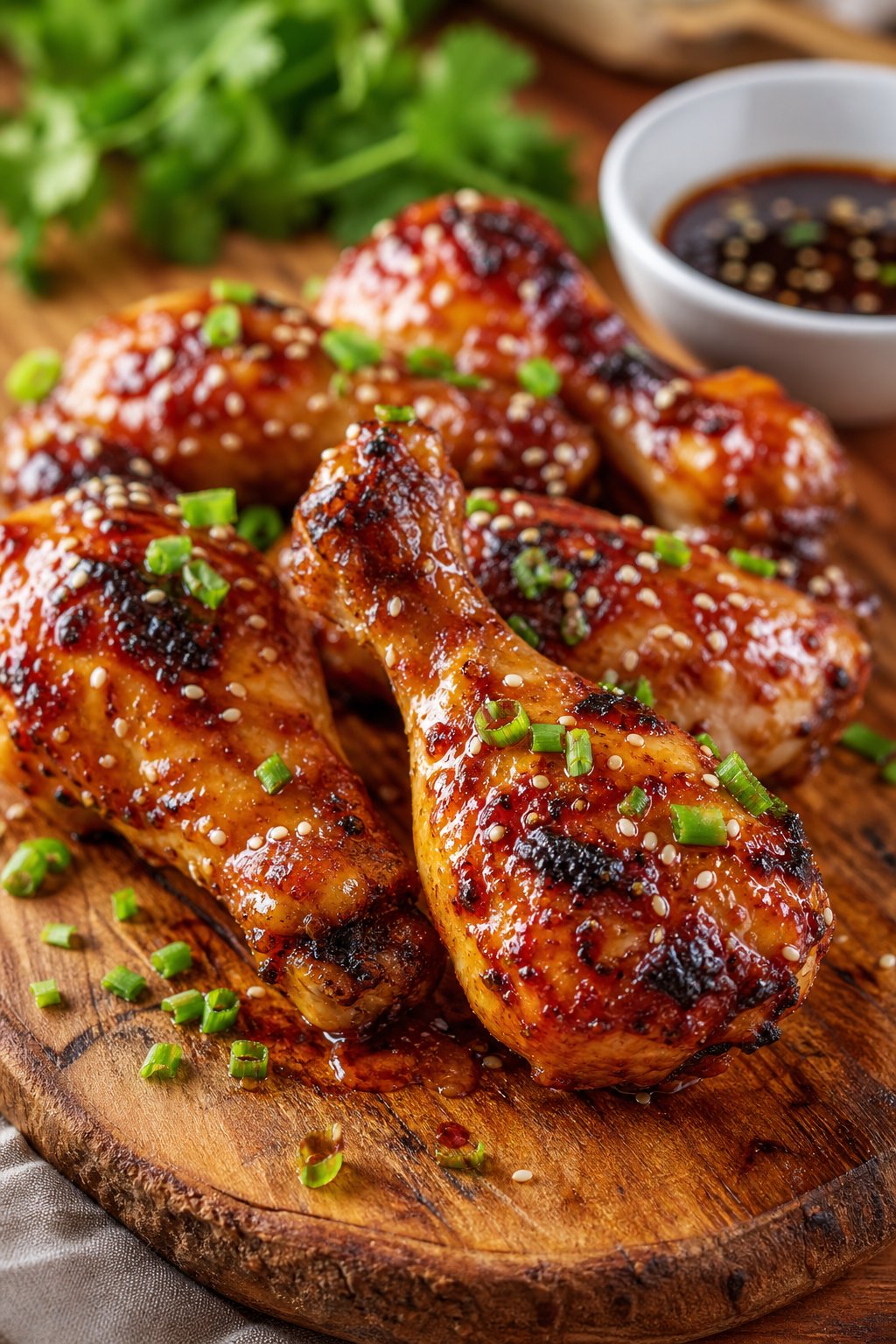 A white plate of sticky baked chicken drumsticks with a dark caramelized maple-soy glaze, topped with thinly sliced green onions and a light sprinkle of sesame seeds.