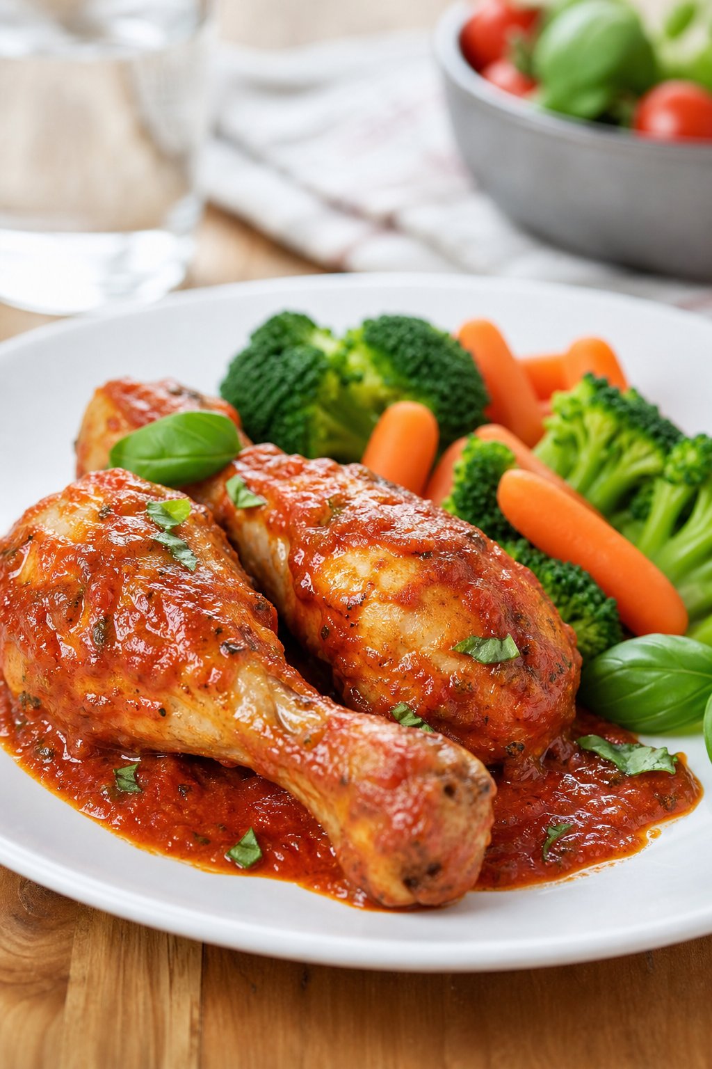 Chicken legs nestled in a rich red tomato sauce in a white baking dish, garnished with fresh basil leaves, with steamed vegetables on the side.