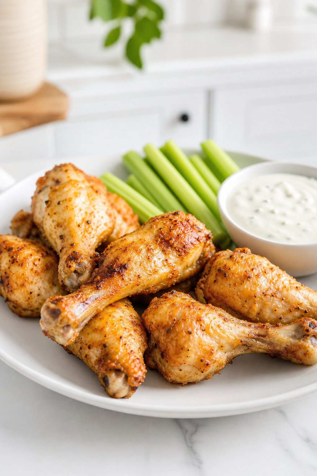 Crispy air-fried chicken drumsticks on a white plate next to celery sticks and a small bowl of creamy ranch dipping sauce on a light kitchen countertop.
