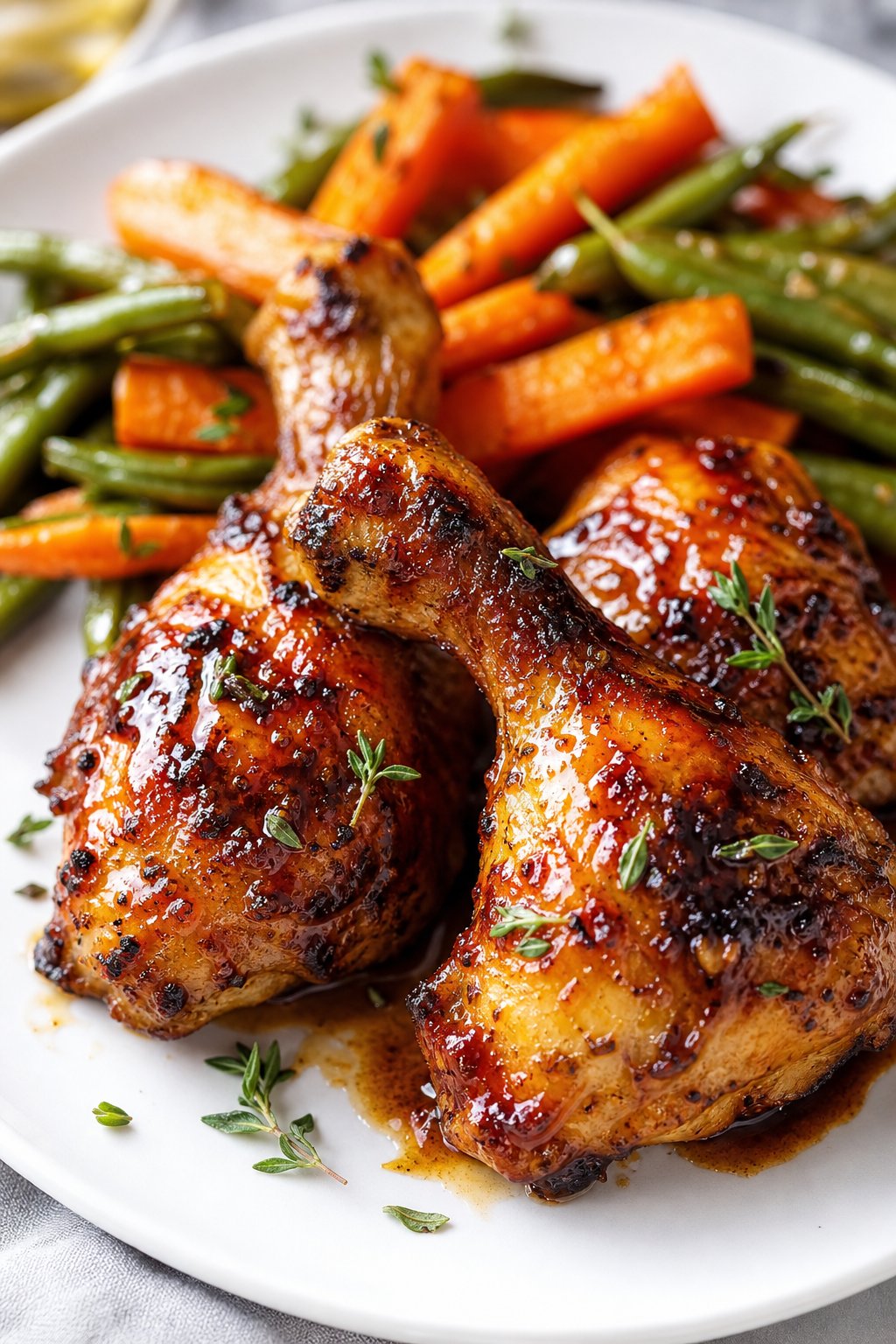Glazed chicken legs on a white dinner plate with a deep brown caramelized coating, scattered fresh thyme sprigs, and roasted vegetables alongside.