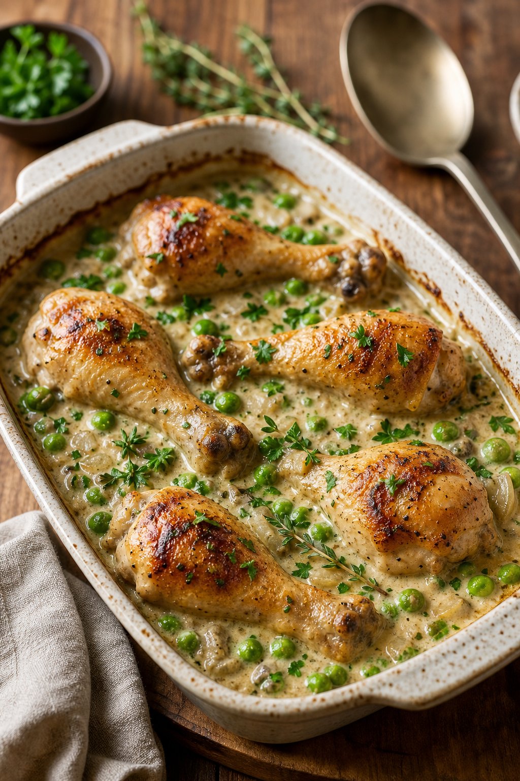 A golden-topped chicken leg casserole with visible peas and a creamy sauce served in a deep rustic ceramic baking dish on a wooden table.