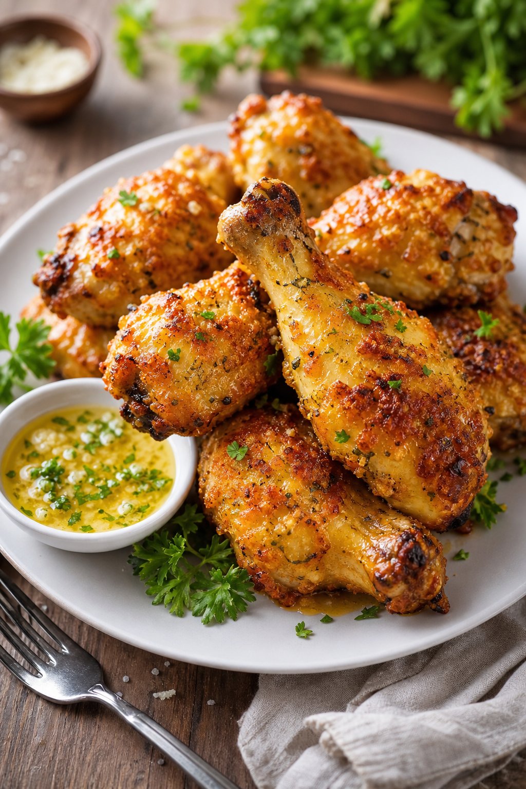 Golden parmesan-crusted chicken drumsticks on a white plate garnished with chopped flat-leaf parsley, with a small ramekin of garlic butter sauce on the side.