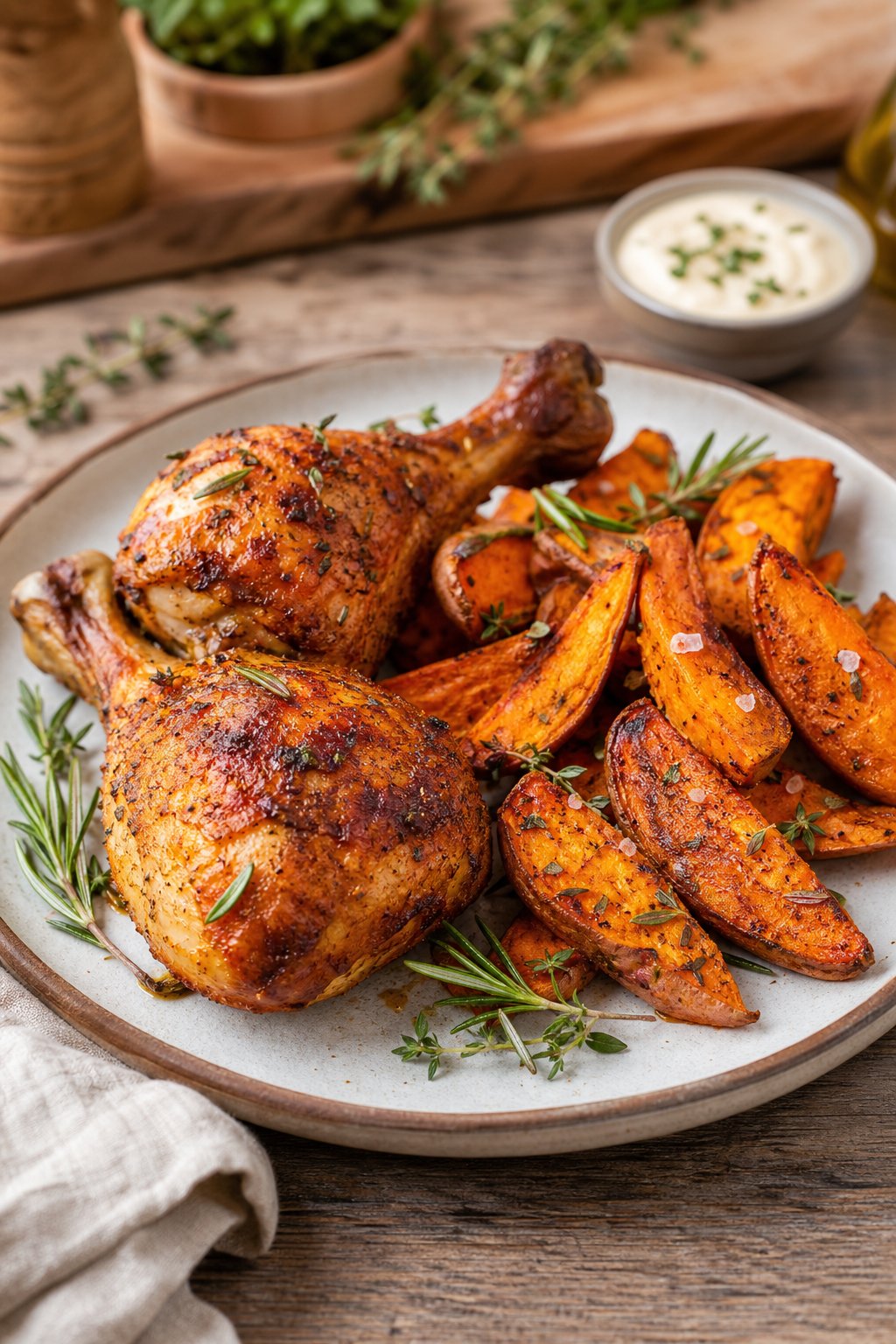 Roasted chicken legs with a deep red paprika crust alongside caramelized sweet potato wedges on a wooden serving board.