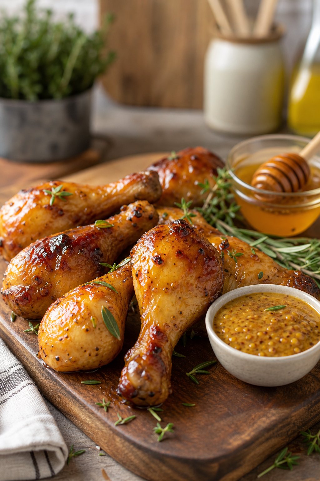 Honey-mustard glazed roasted chicken drumsticks on a wooden board with a golden-brown glaze and fresh herb garnish, small bowls of honey and Dijon mustard nearby.