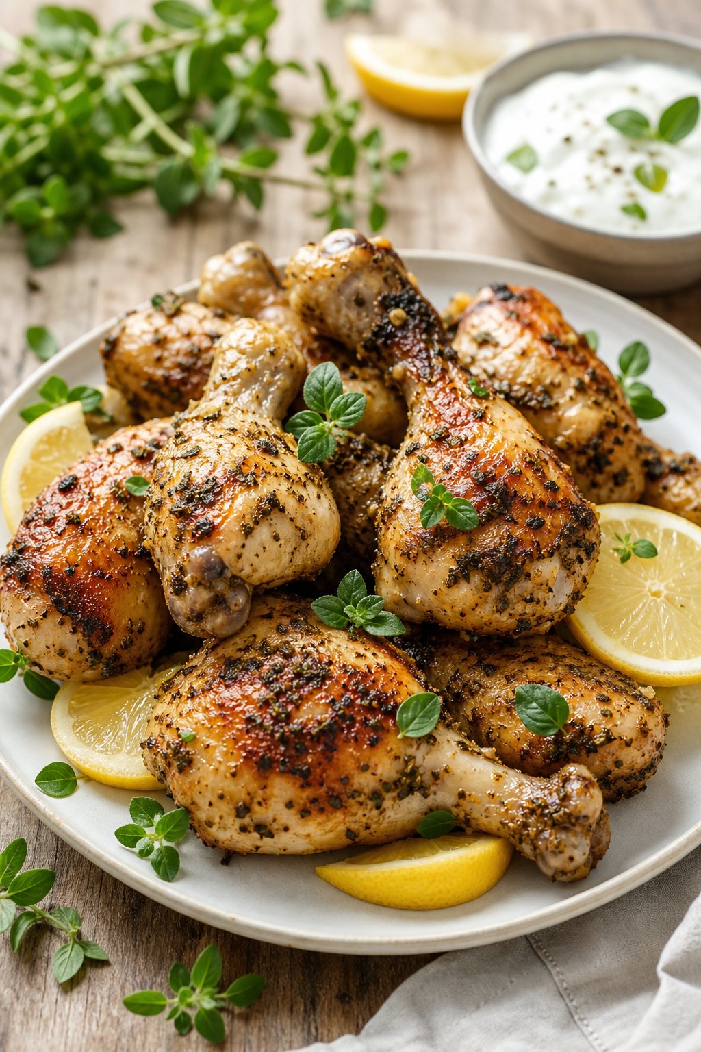 Golden chicken legs on a white plate with bright lemon slices and fresh oregano sprigs, alongside a small bowl of creamy white dipping sauce on a wooden table.